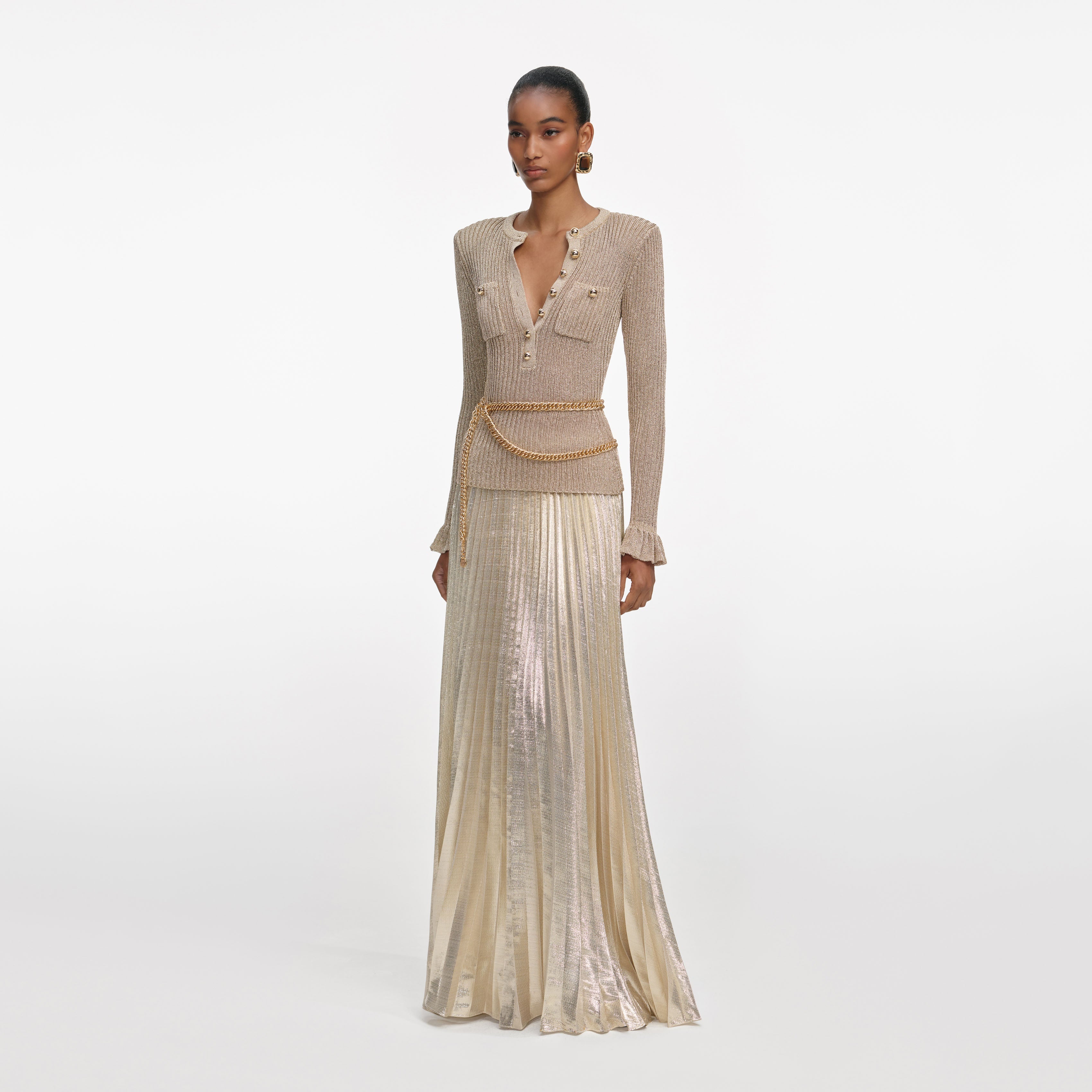 Gold Lurex Ribbed Knit Maxi Dress