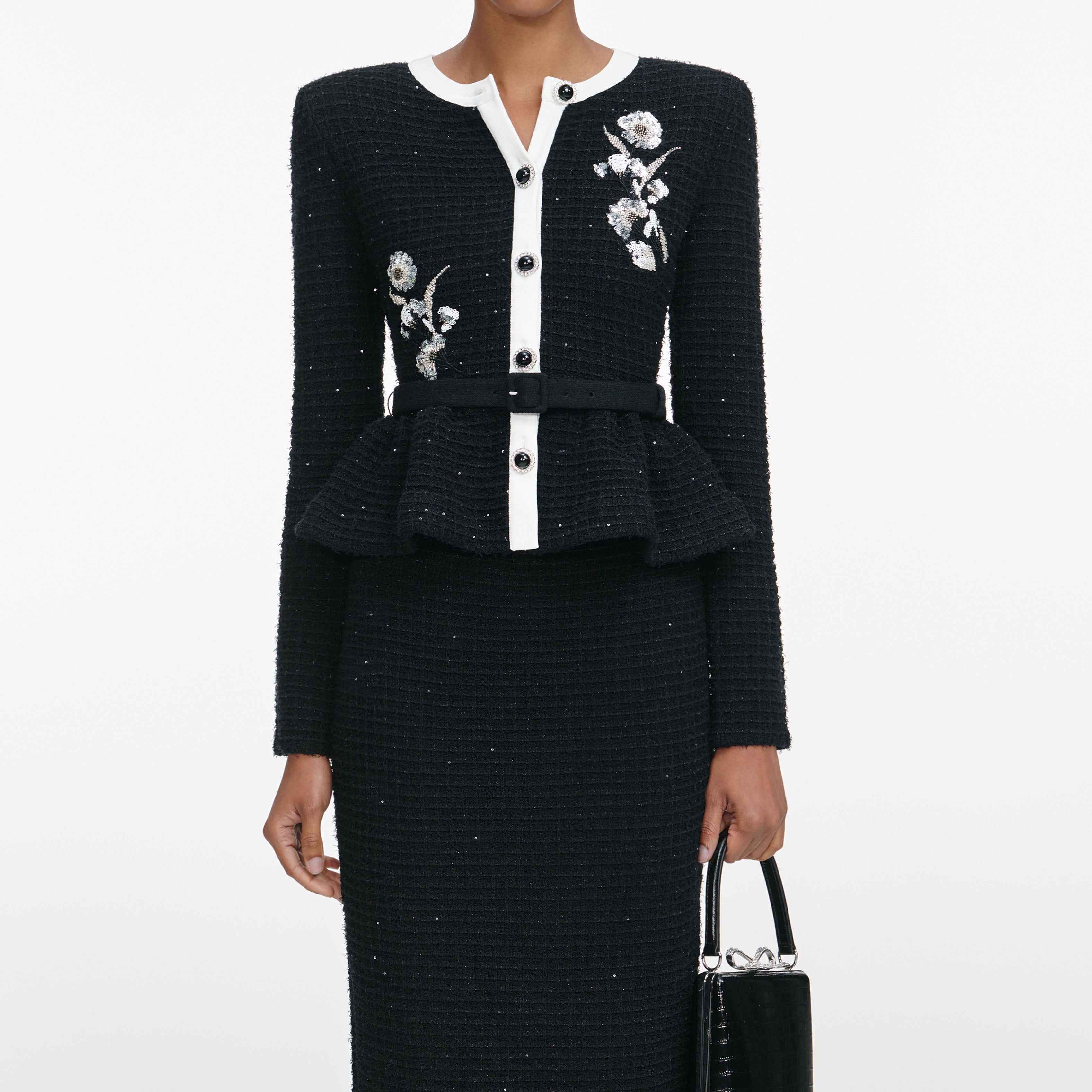 Black Floral Textured Knit Midi Dress