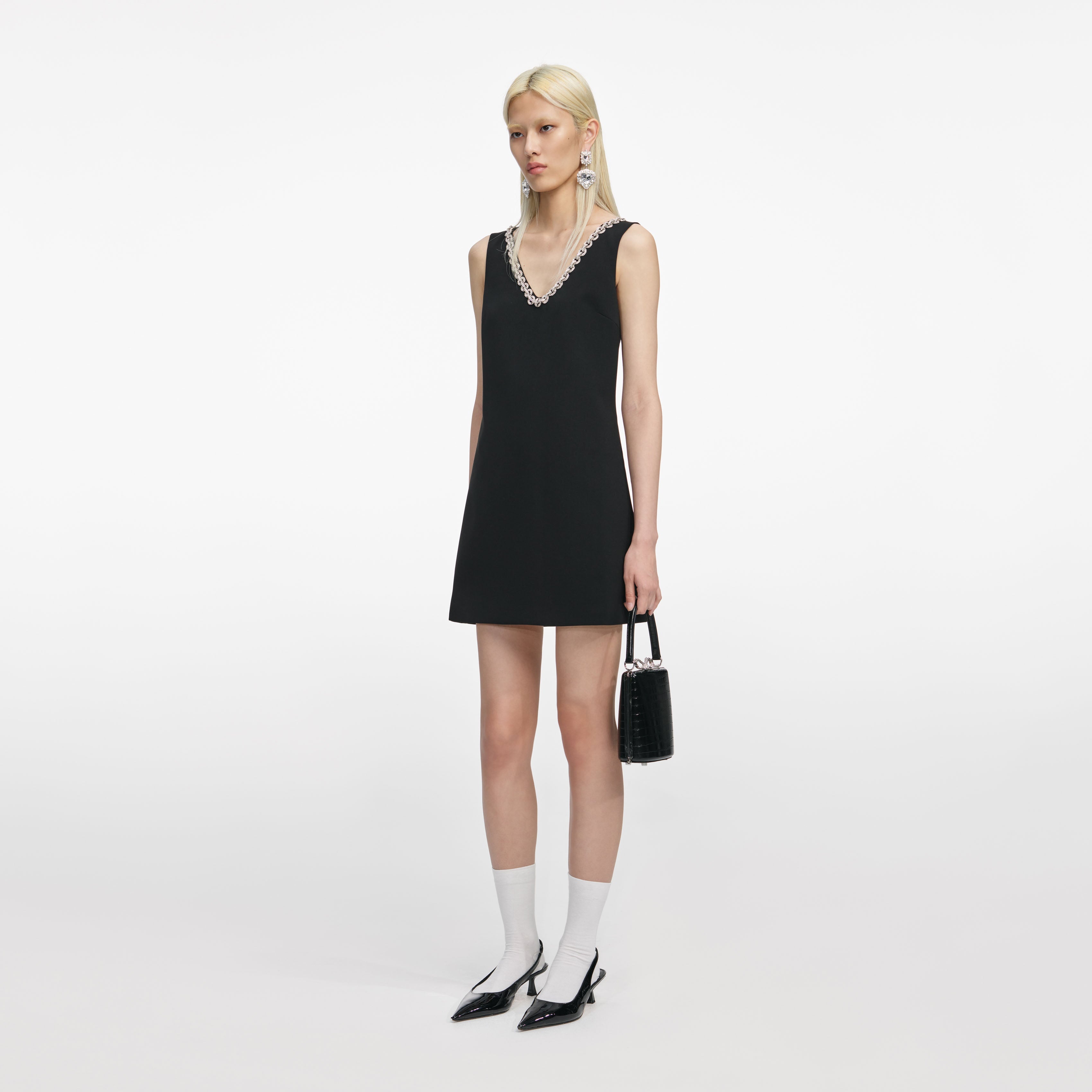 Black Crepe Crystal Trim Mini Dress