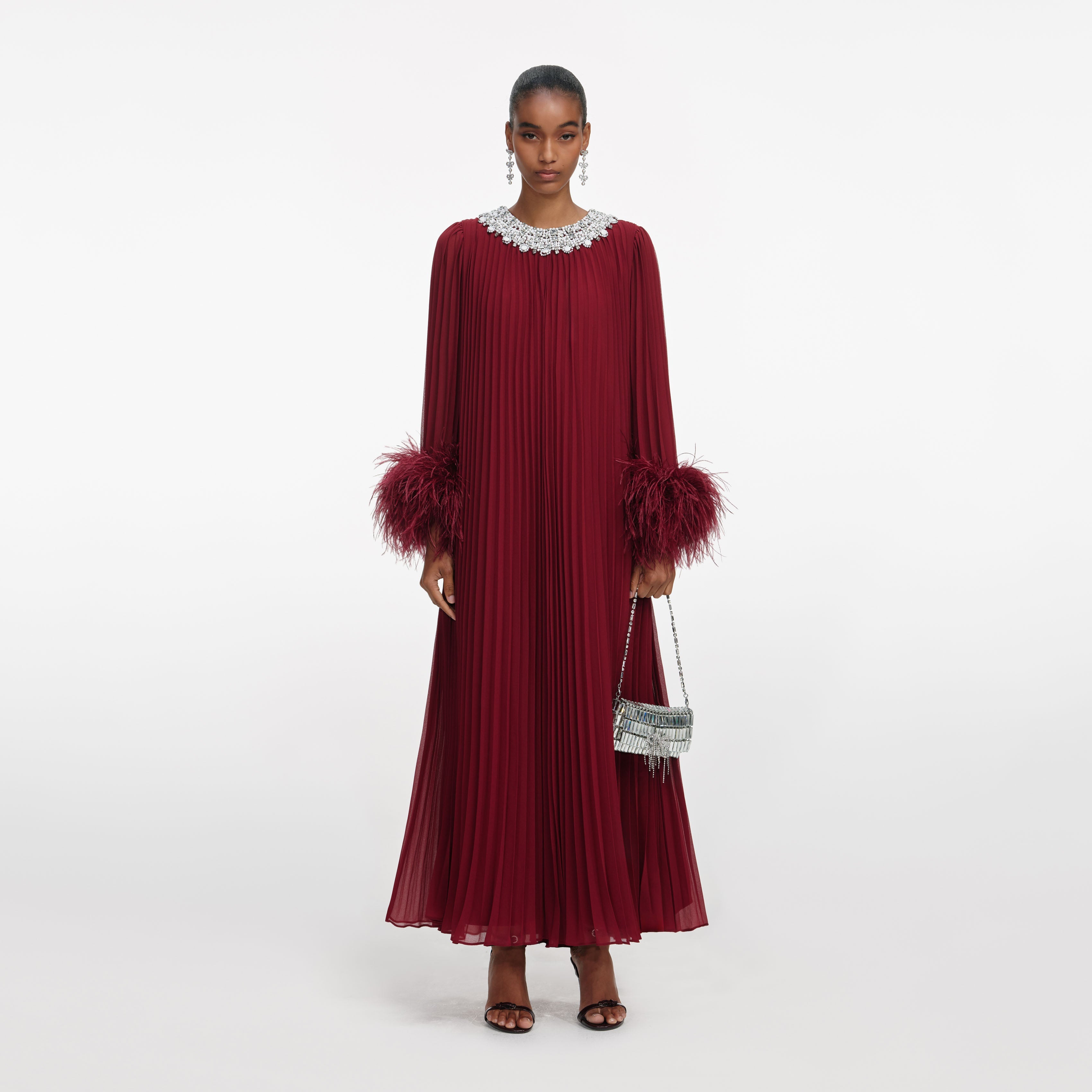 Burgundy Chiffon Feather Midi Dress