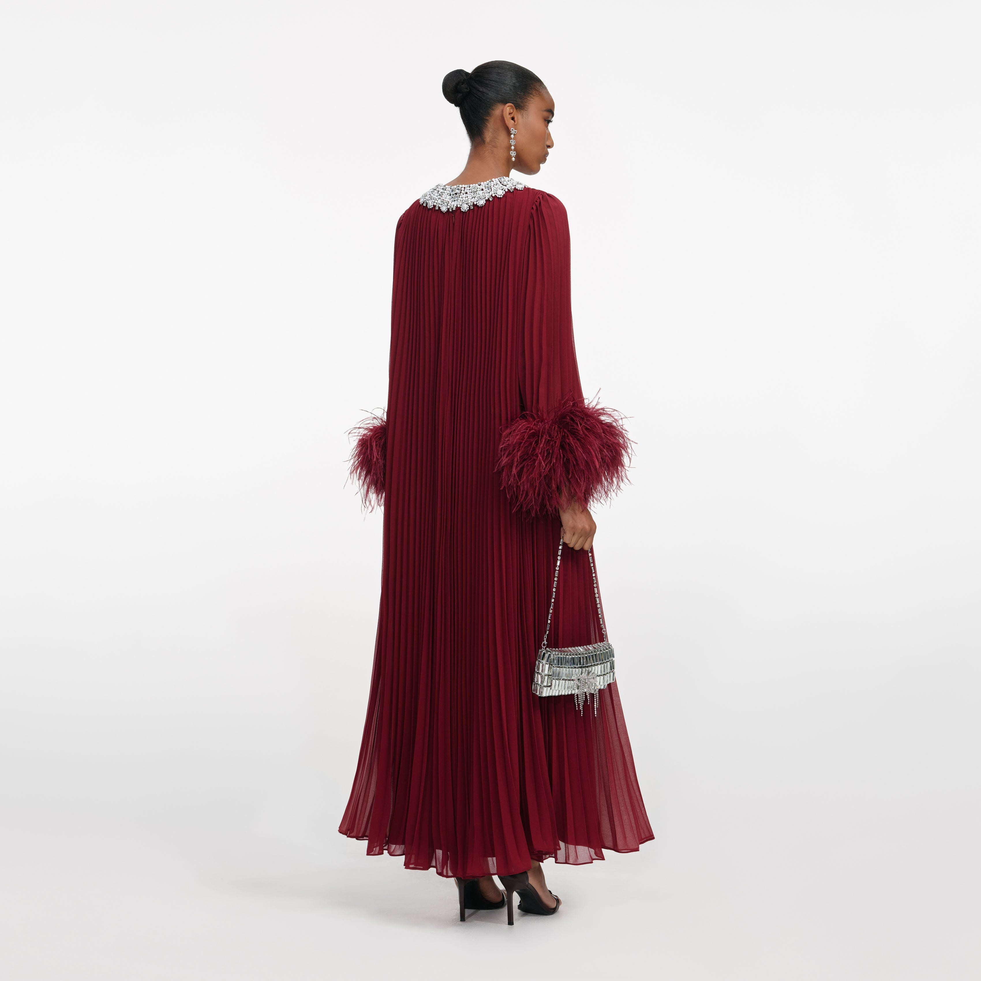 Burgundy Chiffon Feather Midi Dress