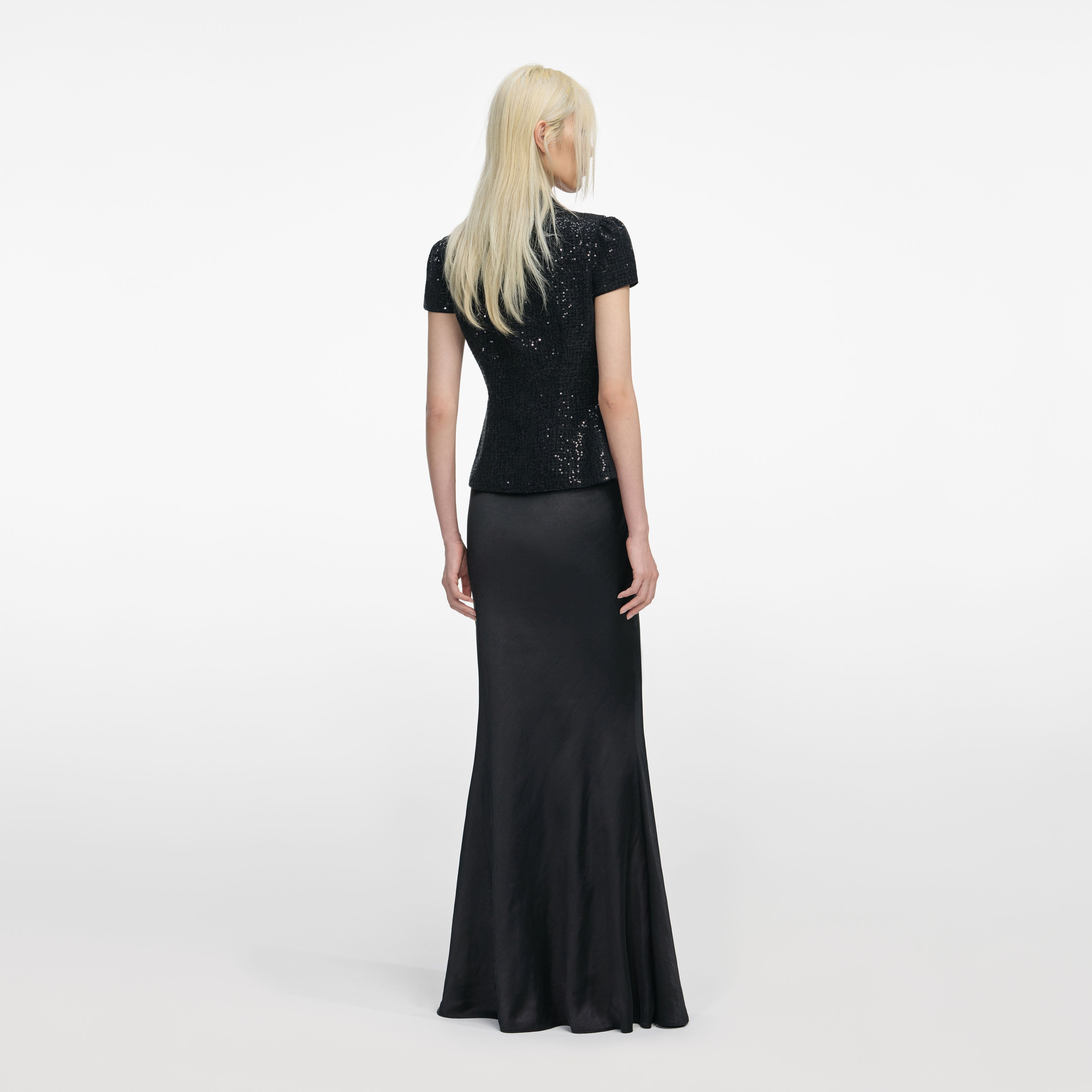 Black Sequin Boucle Satin Maxi Dress