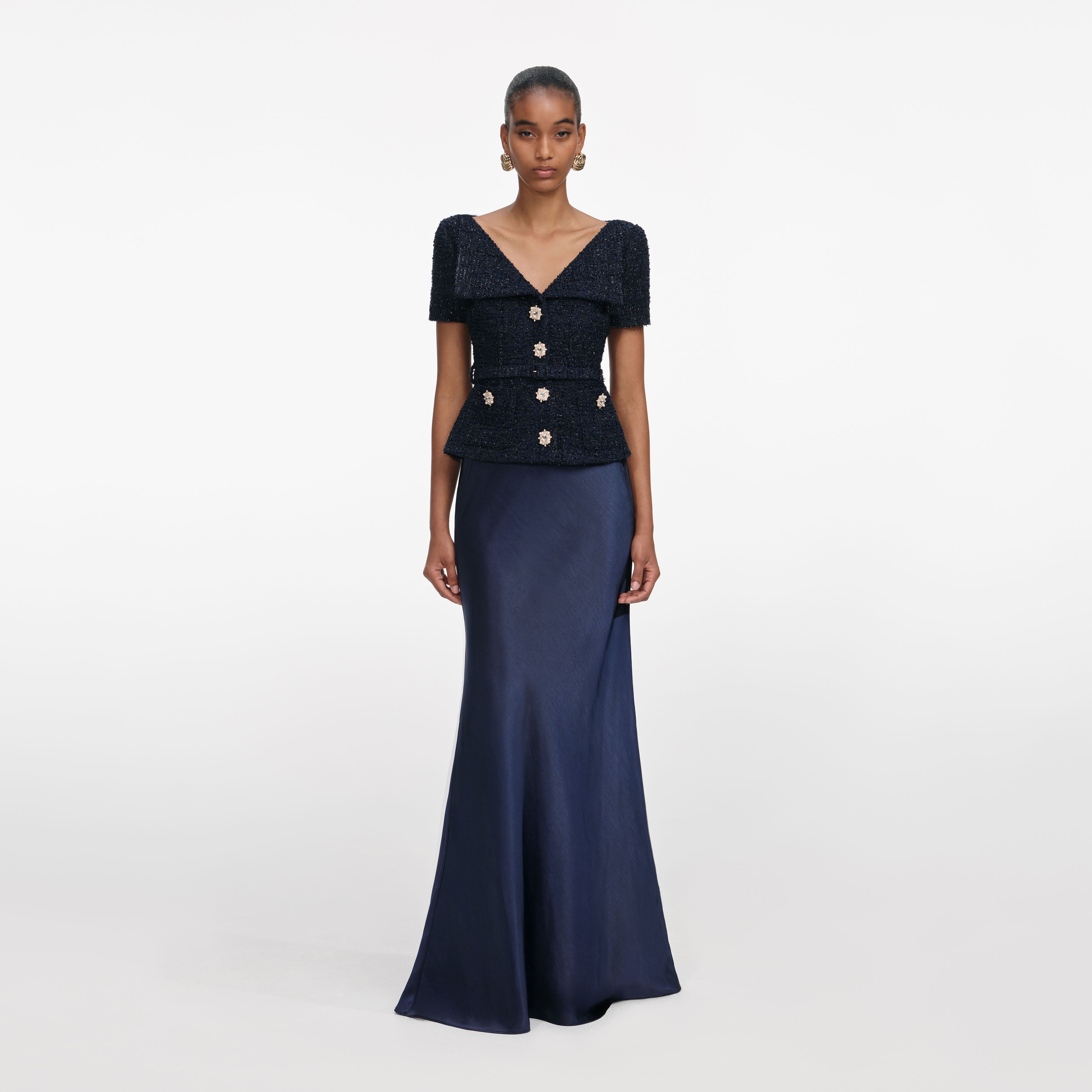 Navy Metallic Boucle Maxi Dress – self-portrait-EU