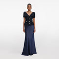 Navy Boucle Tailored Maxi Dress