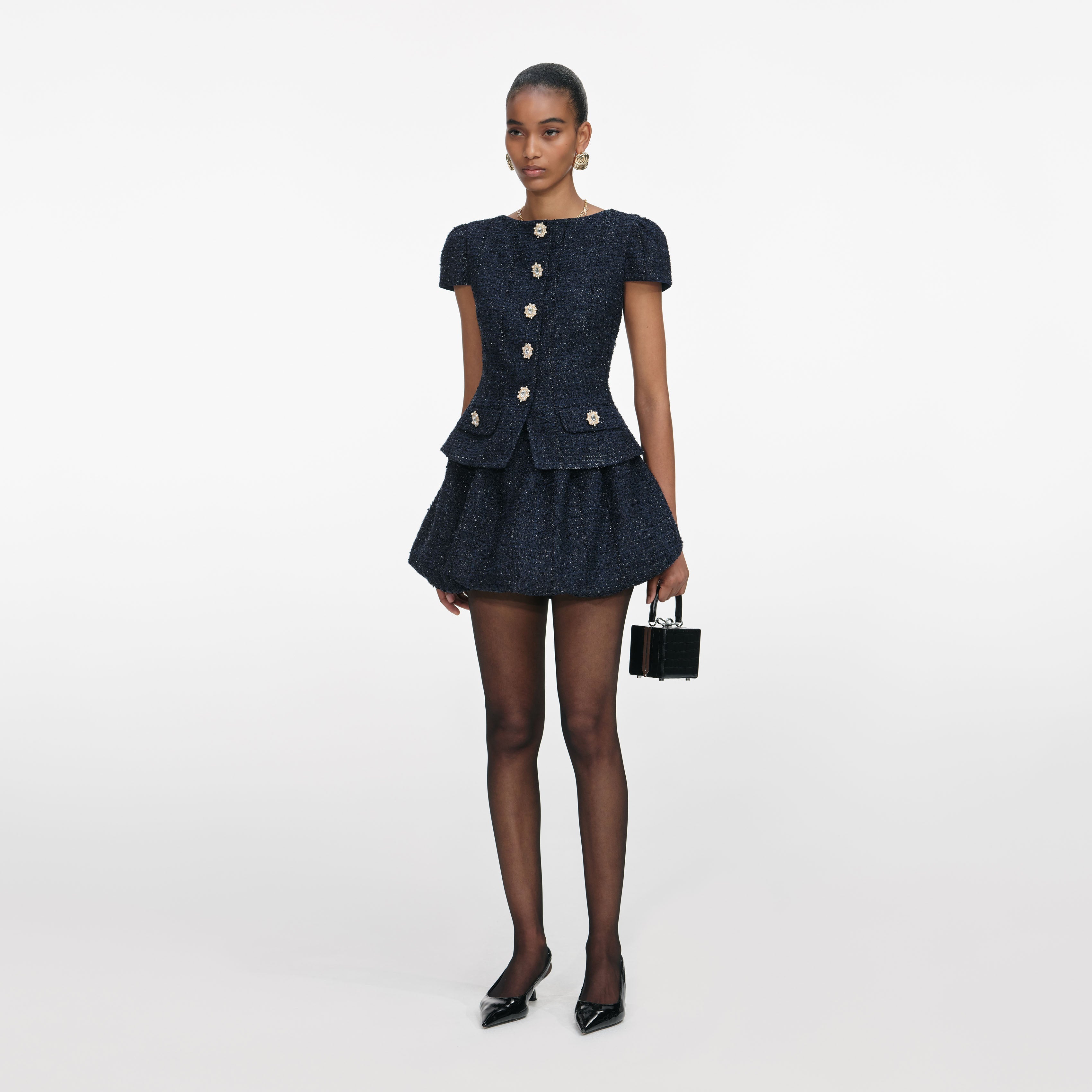 ワンピース Self-Portrait BOUCLE MINI DRESS UK4 Navy Boucle Mini Dress – self-portrait-EU