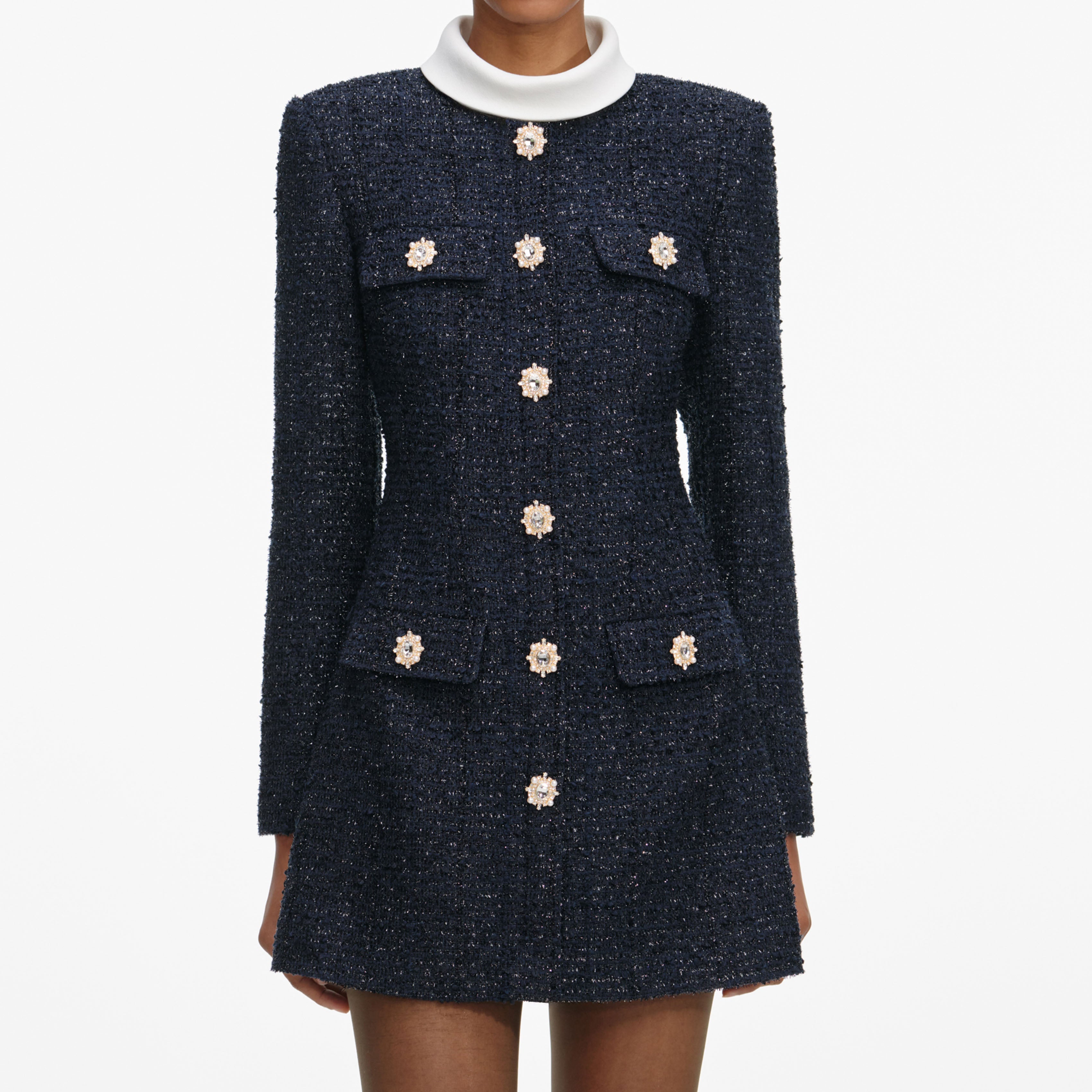Navy Boucle Long Sleeve Mini Dress