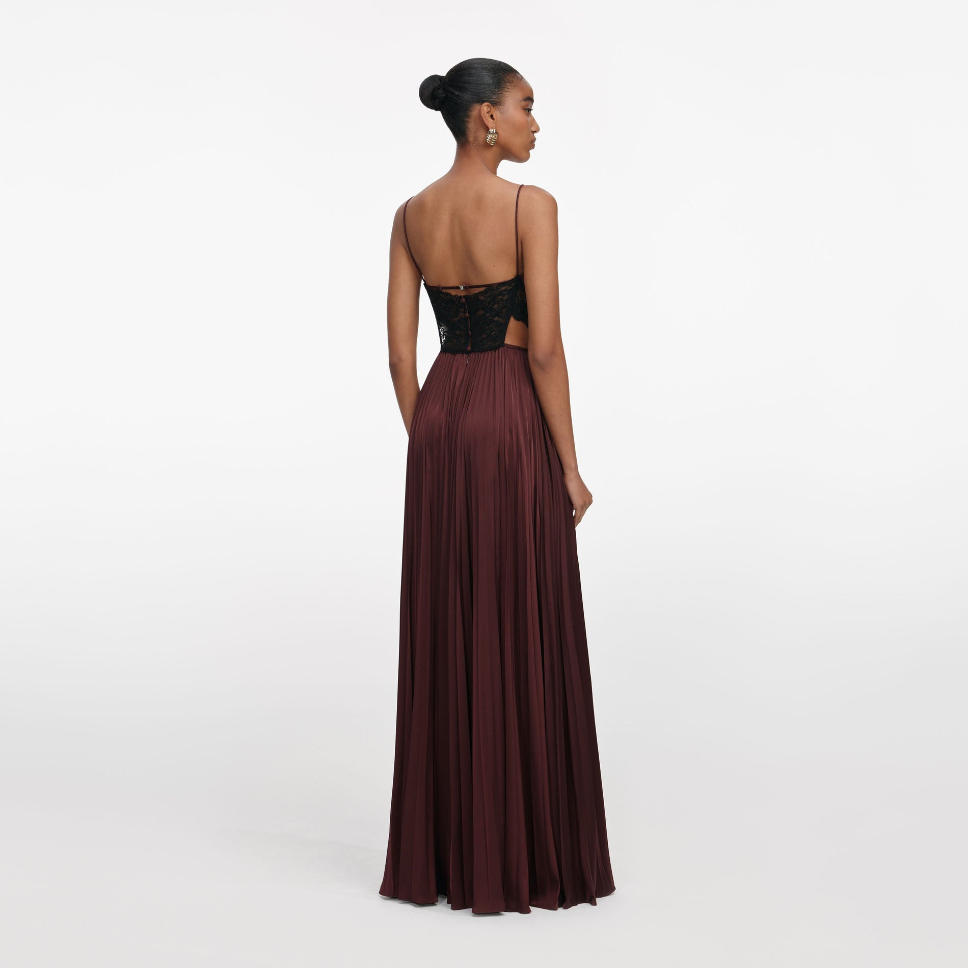 Back view of a woman wearing the Brown Satin Lace Maxi Dress
