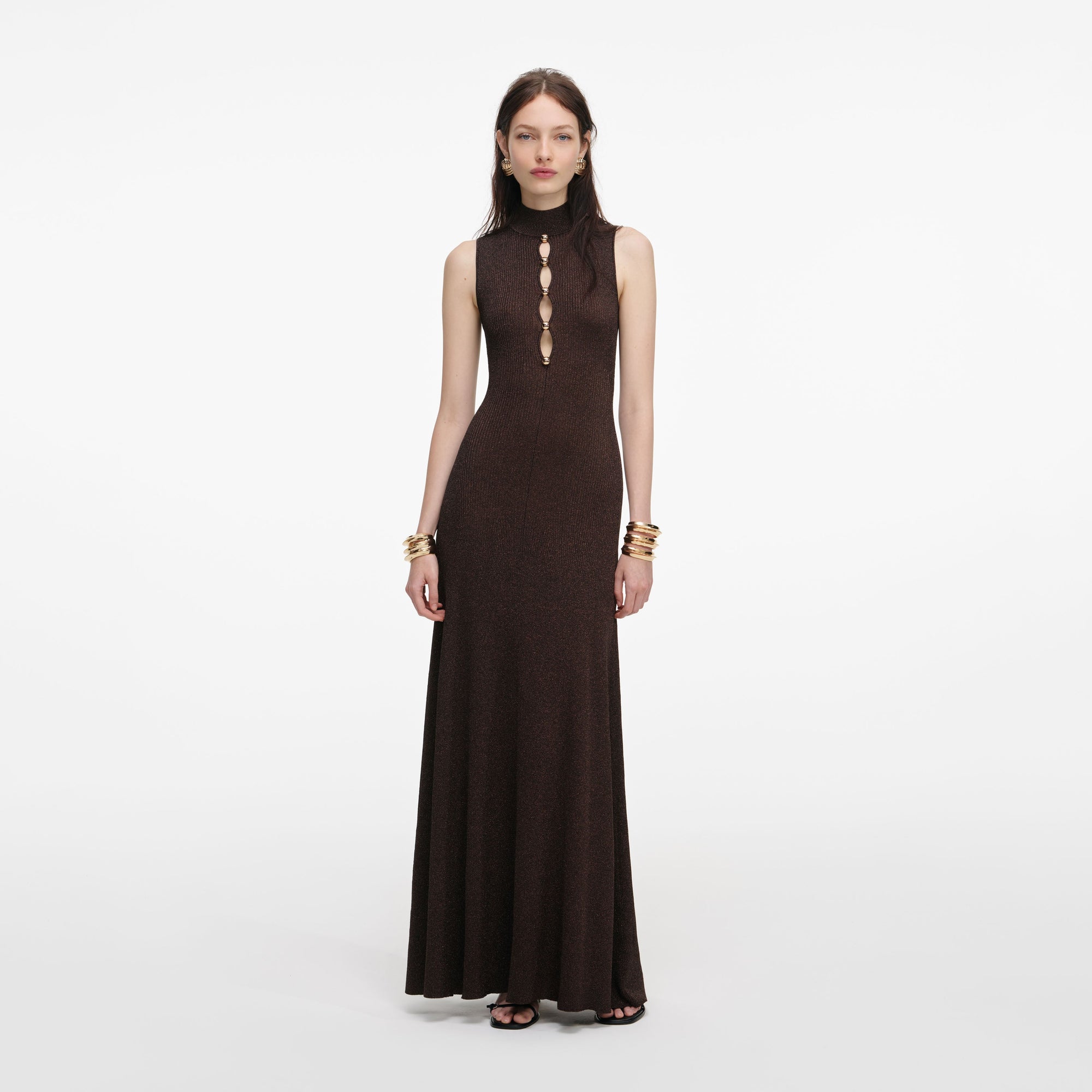 Front view of a woman wearing the Brown Lurex Knit Maxi Dress