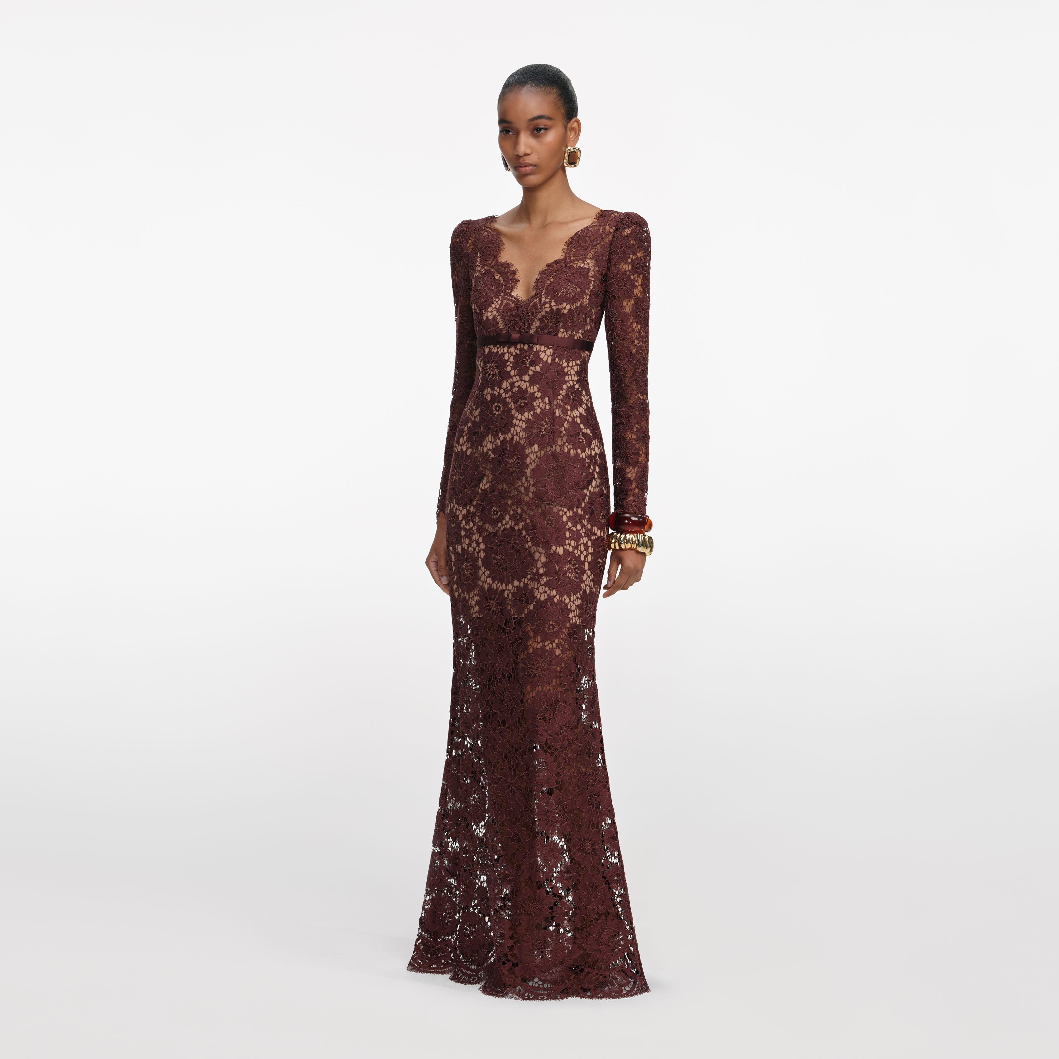 Brown Floral Lace Maxi Dress