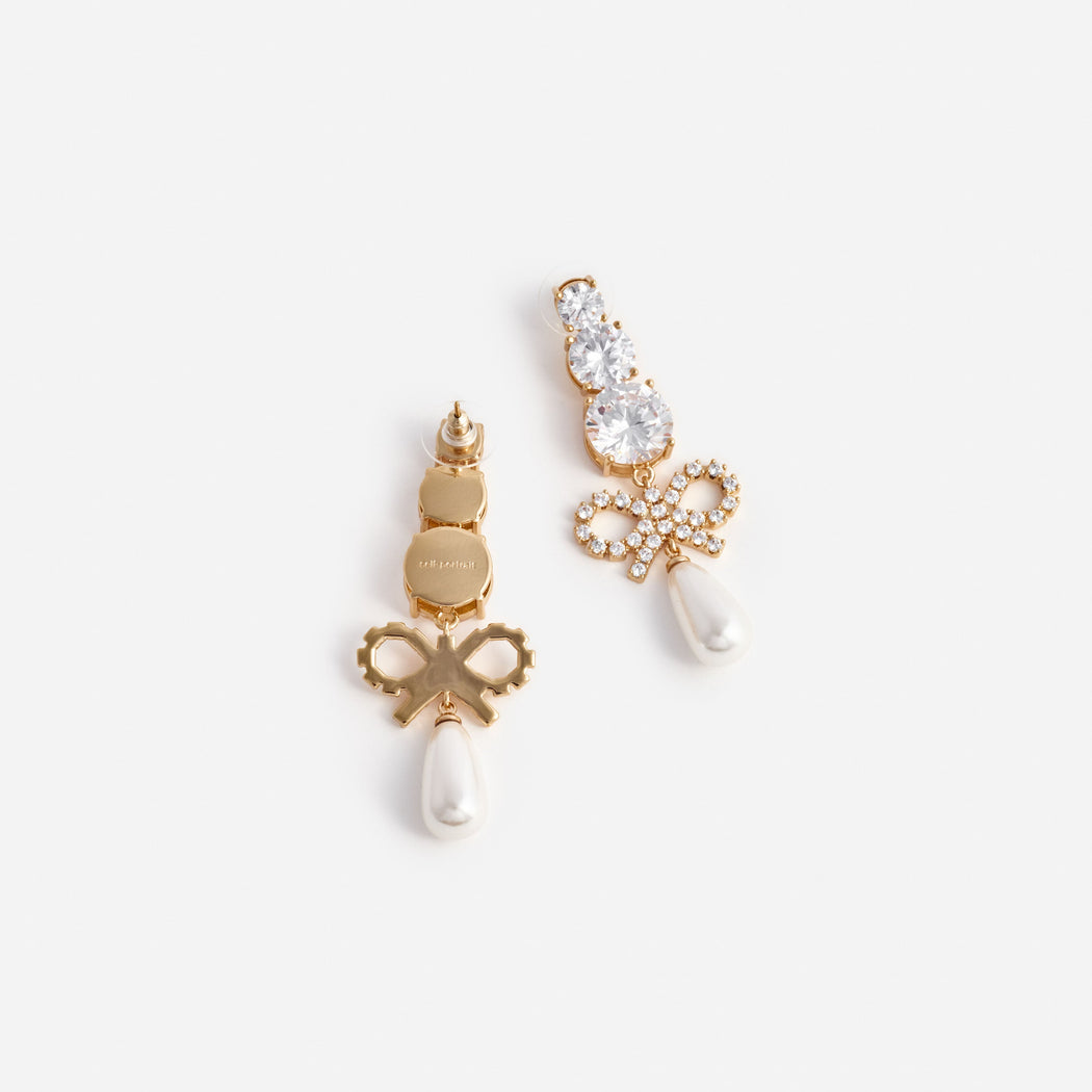 Gold Crystal Bow Pearl Earrings