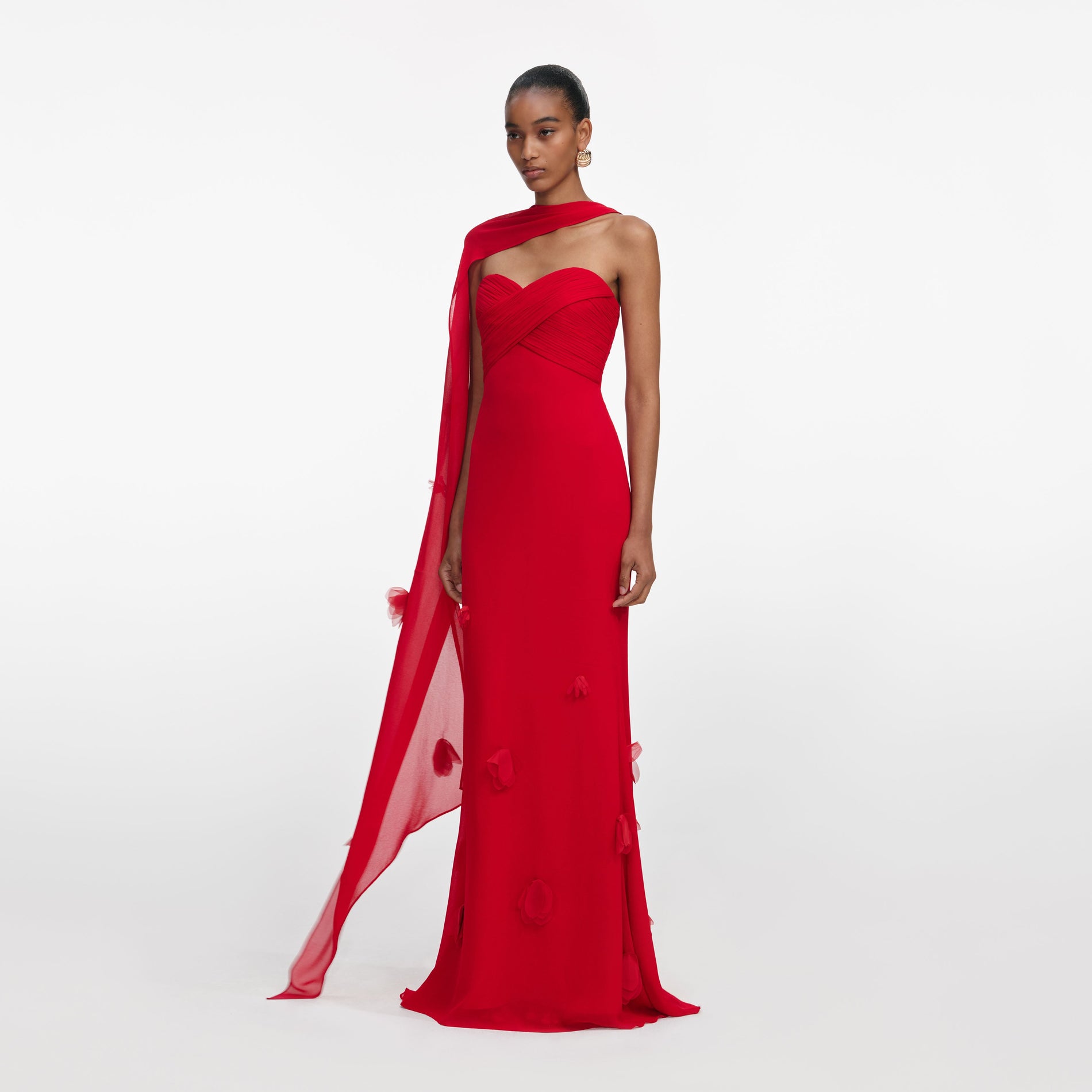 Side view of a woman wearing the Red Georgette Flower Maxi Dress