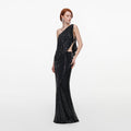 Black Rhinestone One Shoulder Drape Maxi Dress