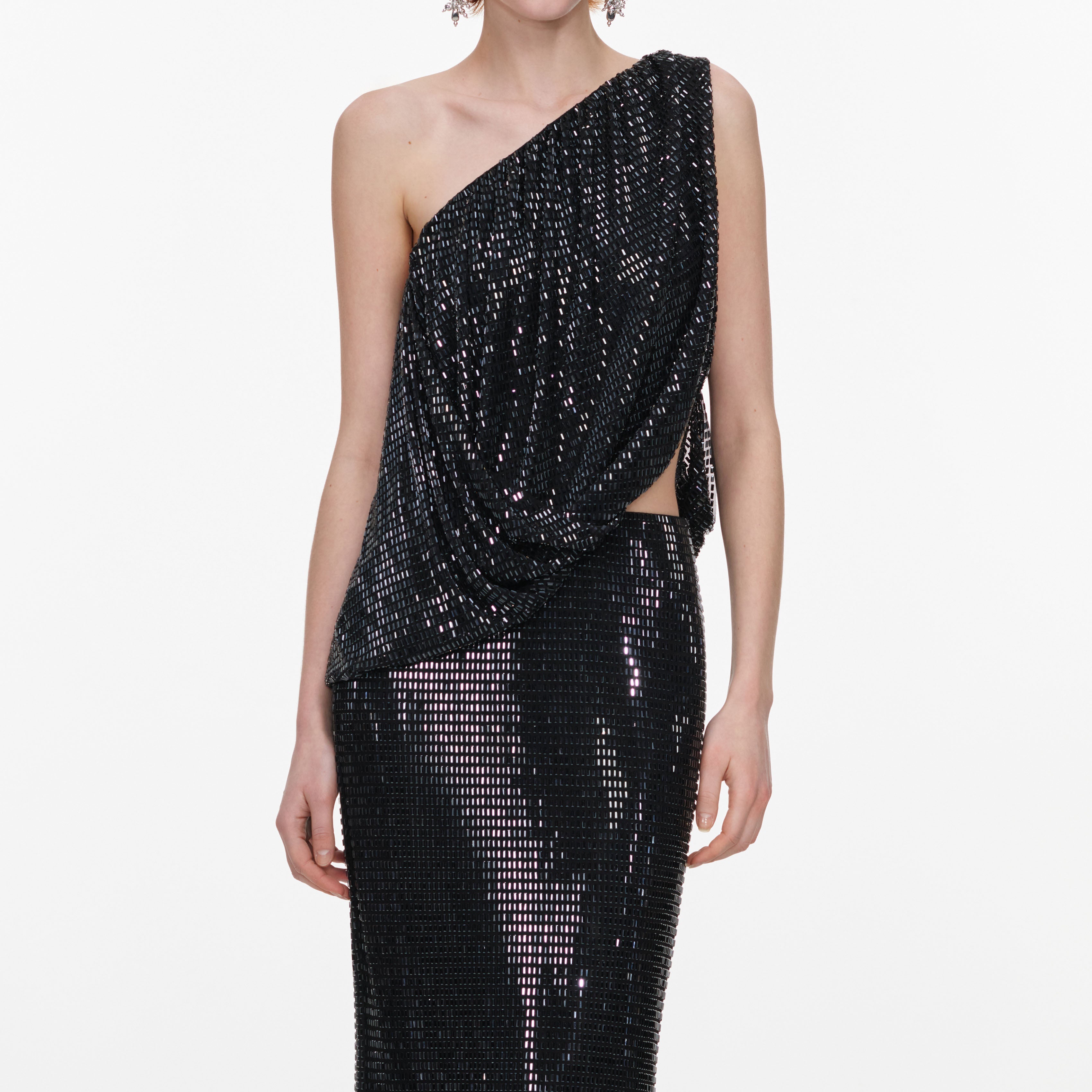 Black Rhinestone One Shoulder Drape Maxi Dress