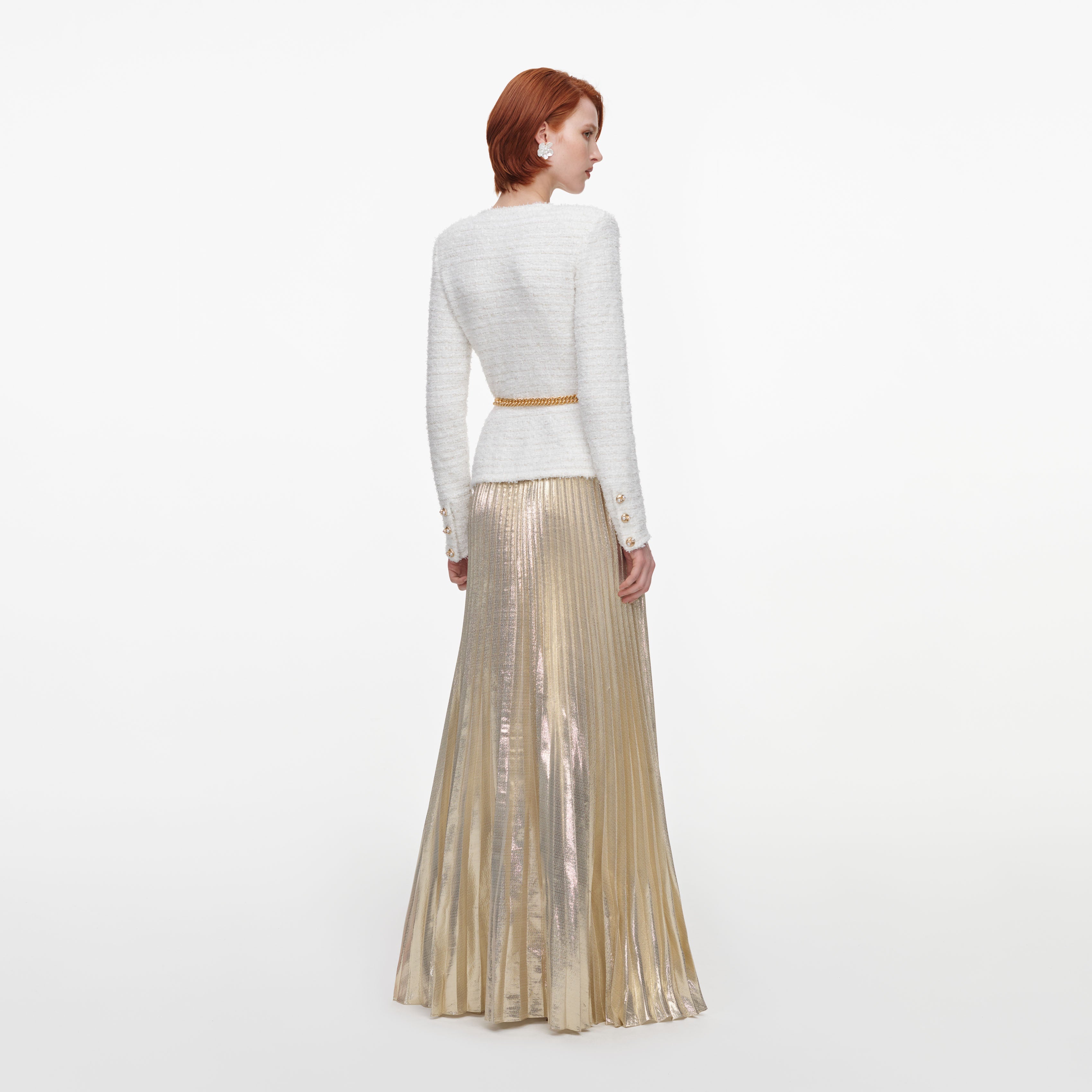 Cream Textured Knit Metallic Chiffon Maxi Dress