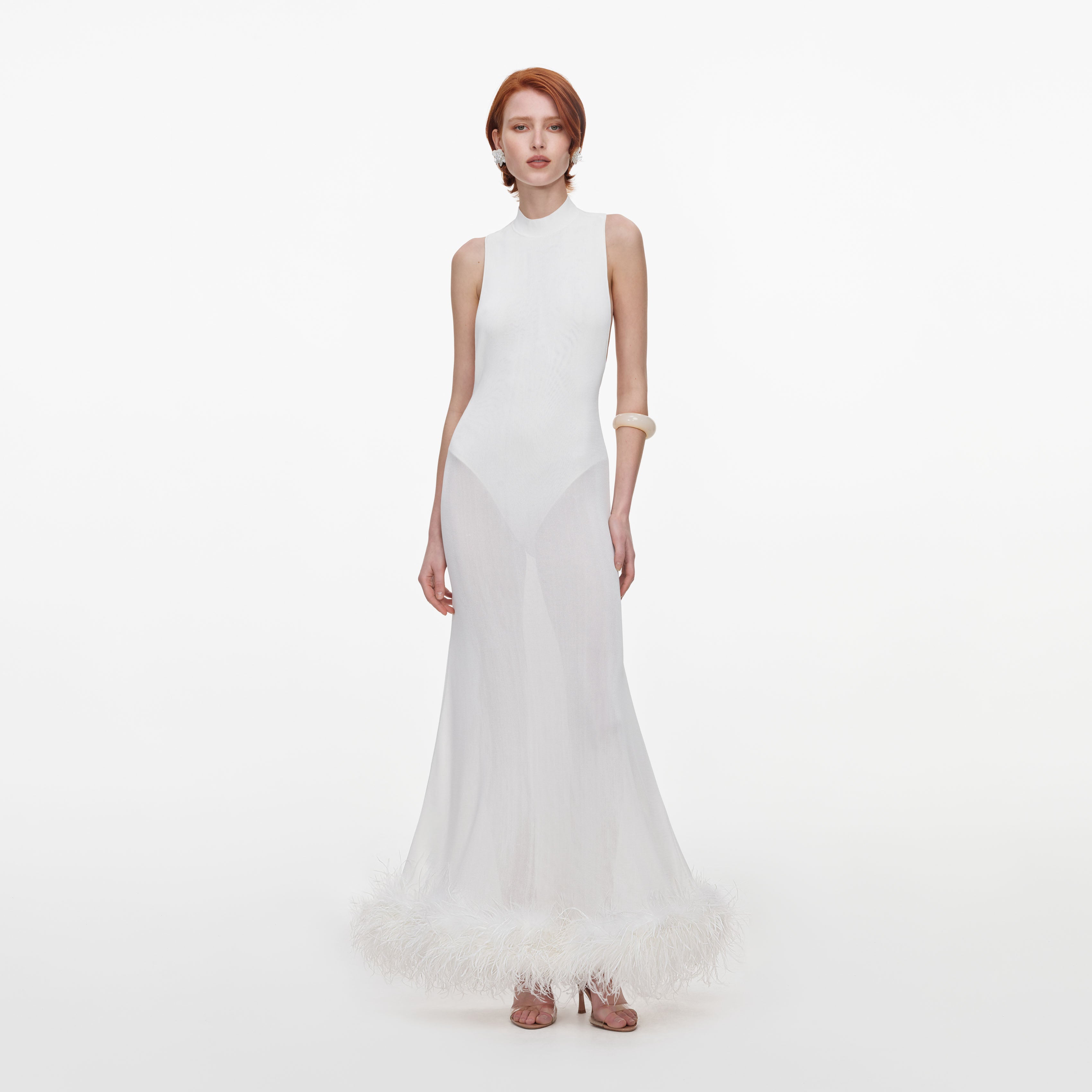 White Racer Back Feather Knit Midi Dress