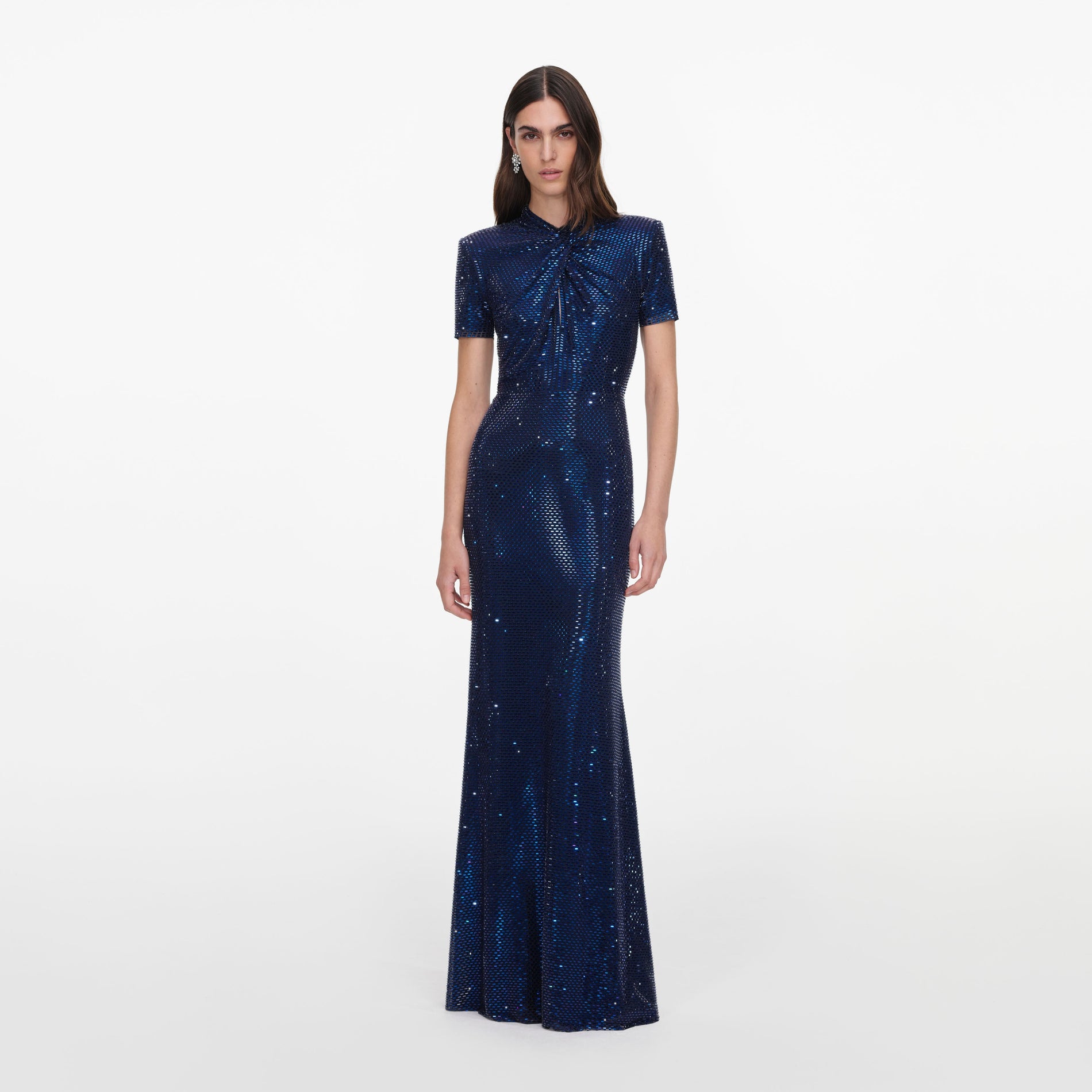 Front view of a woman wearing the Navy Rhinestone Mesh Twist Maxi Dress