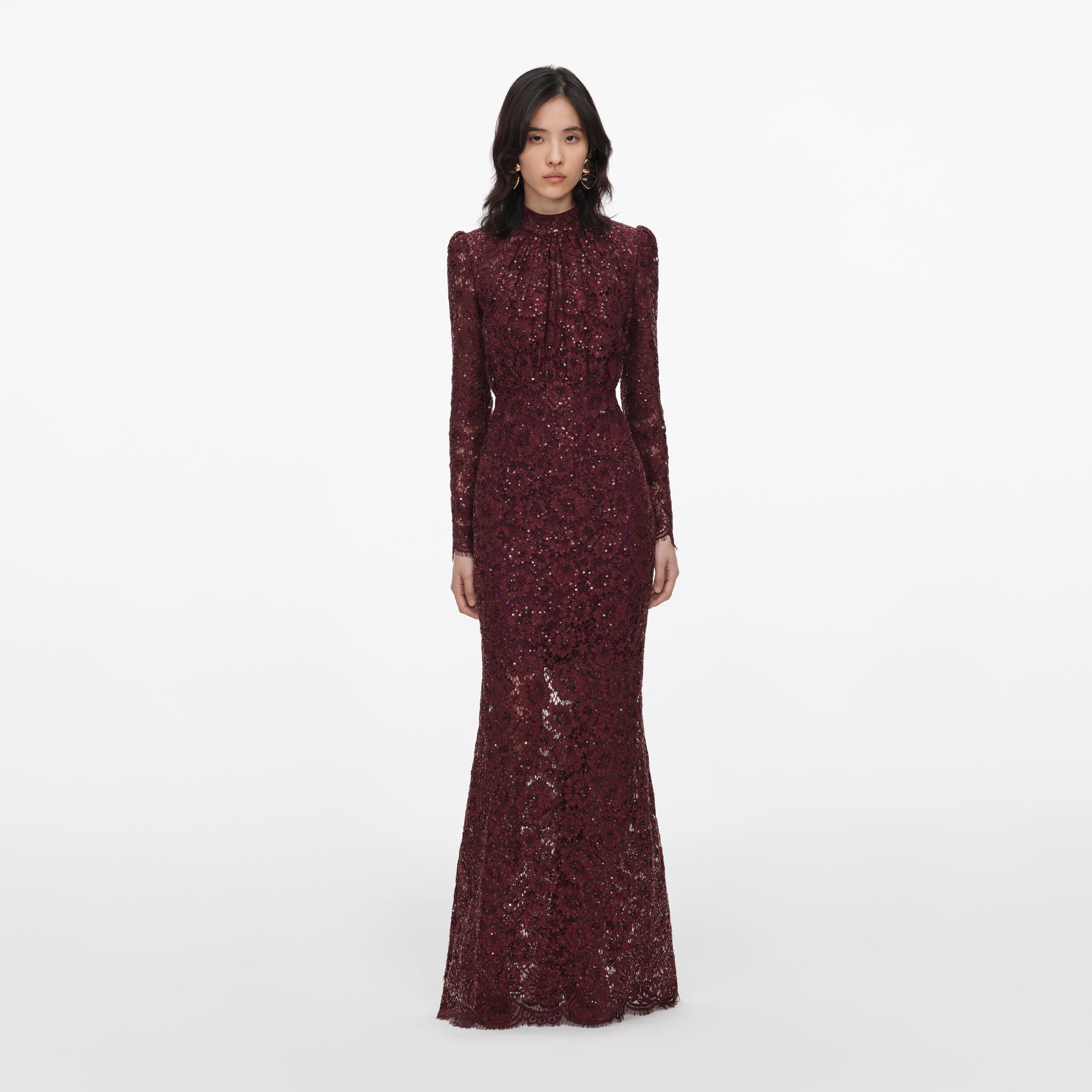 Front view of a woman wearing the Burgundy Sequin Lace Maxi Dress