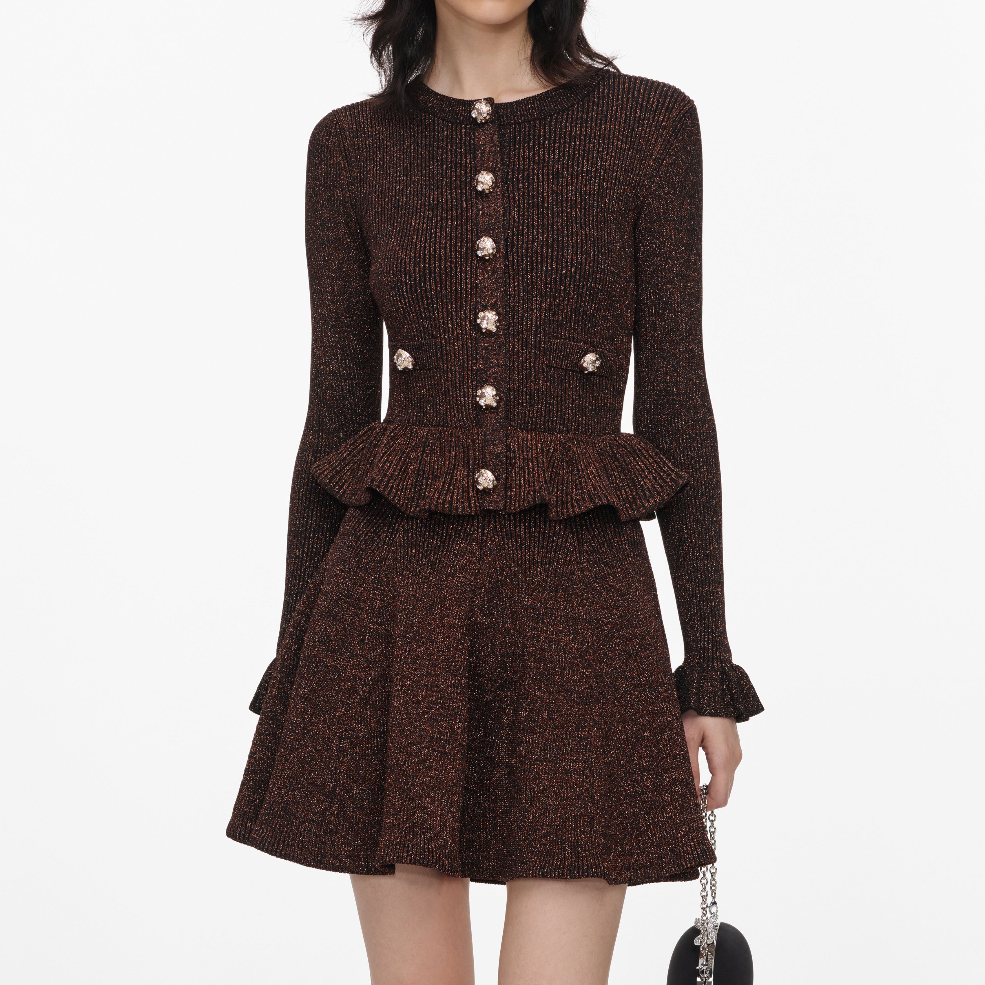 Brown Lurex Peplum Knit Mini Dress