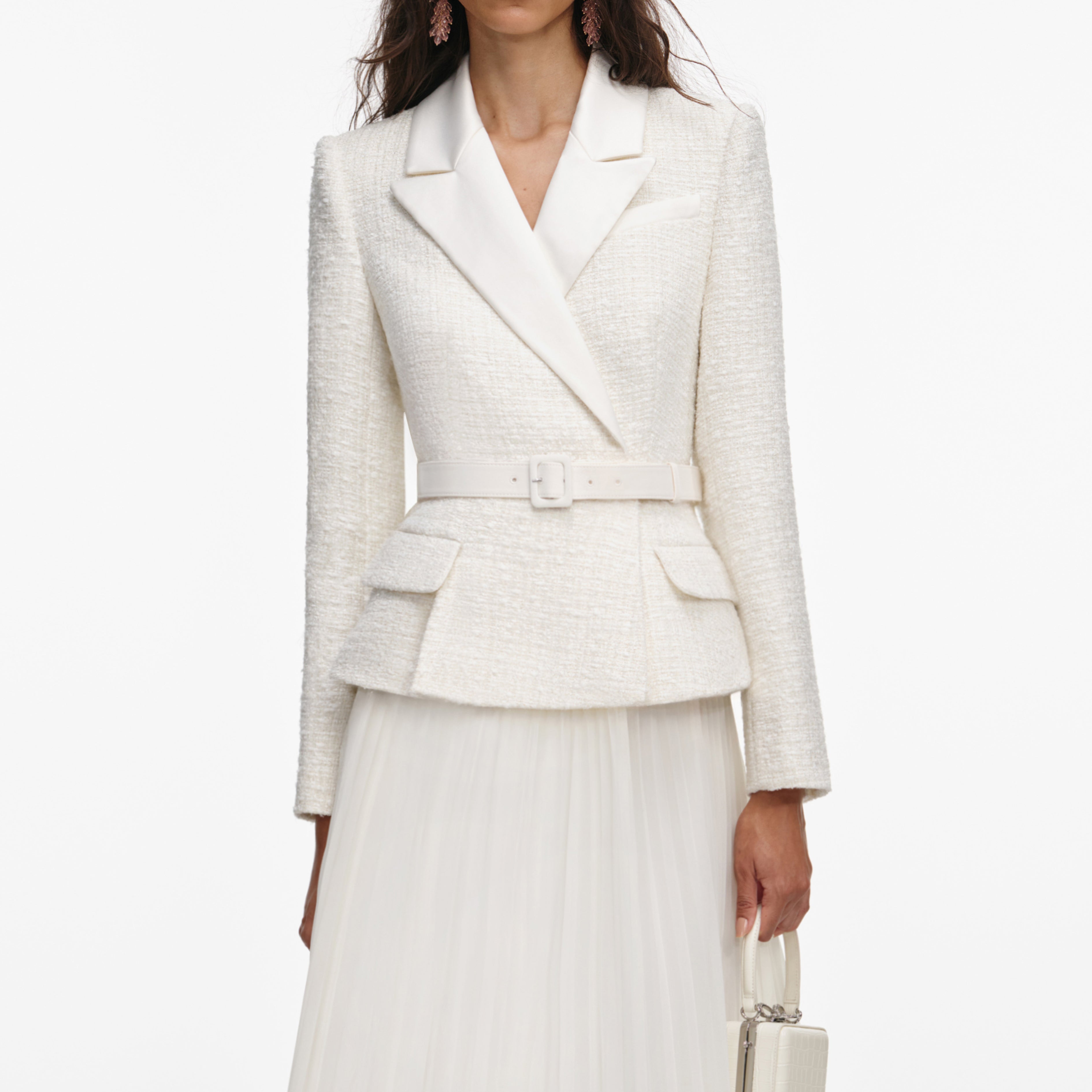 Cream Tailored Bouclé And Chiffon Midi Dress