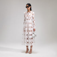 White 3D Cotton Lace Midi Dress