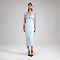 Blue Crepe Diamante Midi Dress