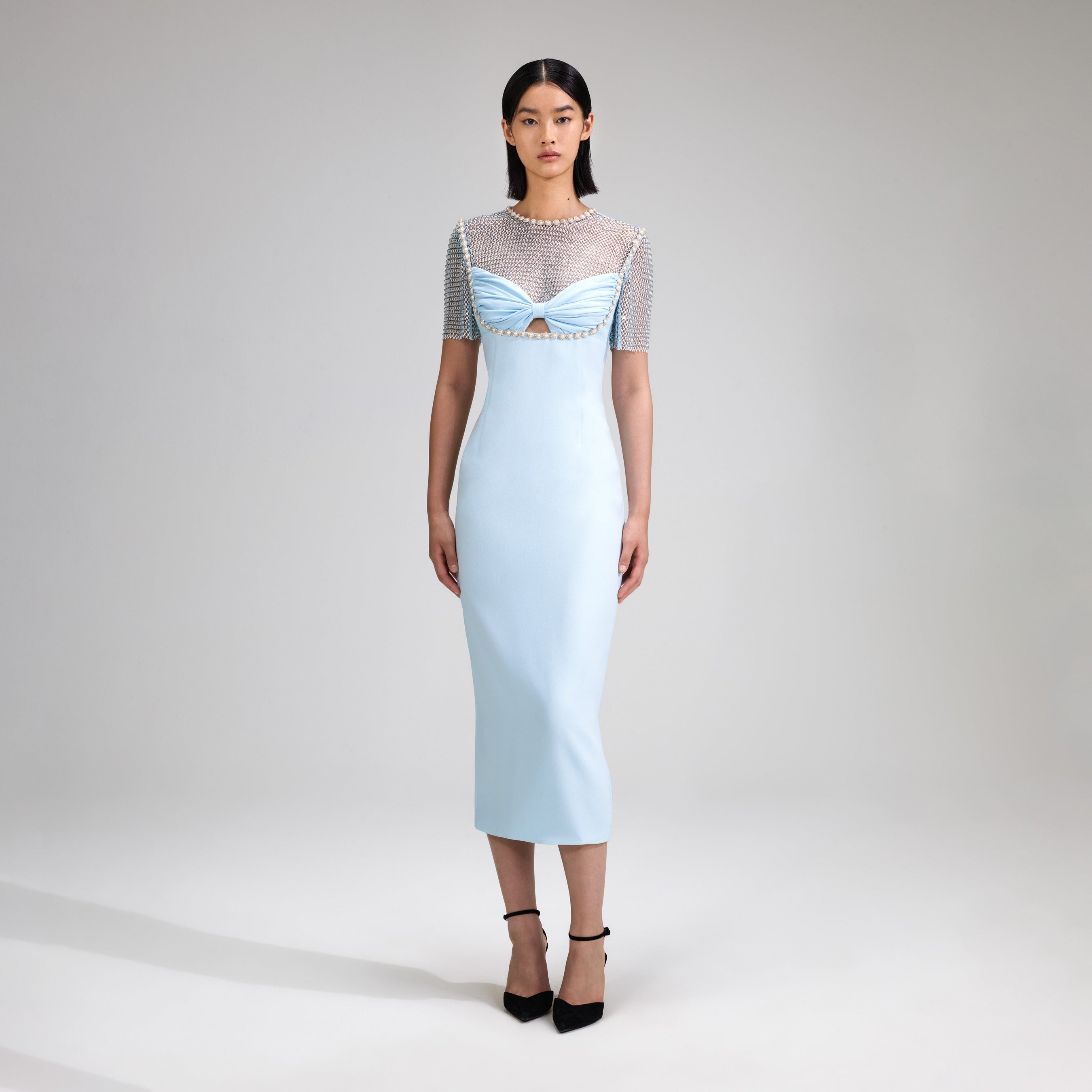 Blue Crepe Diamante Midi Dress