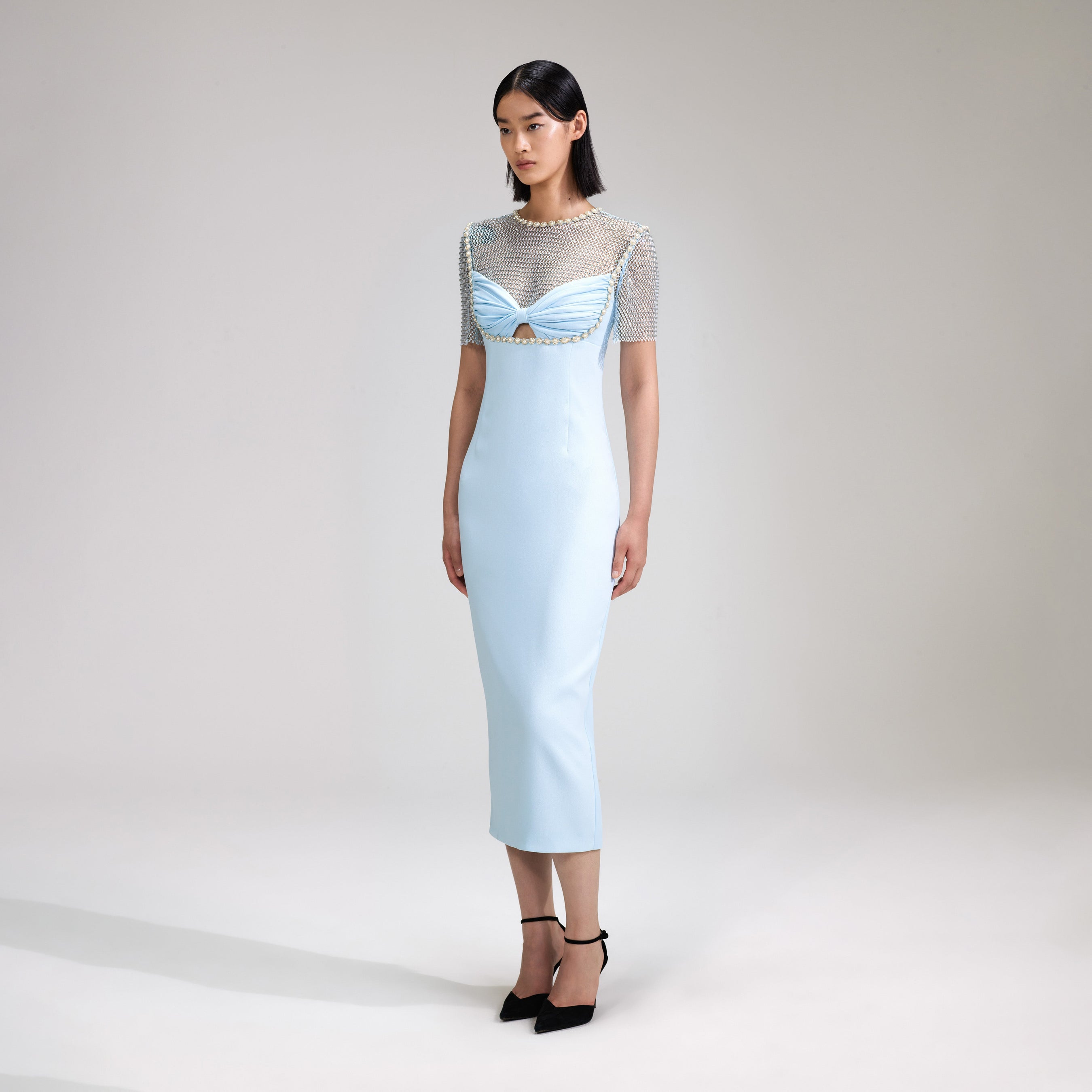 Blue Crepe Diamante Midi Dress