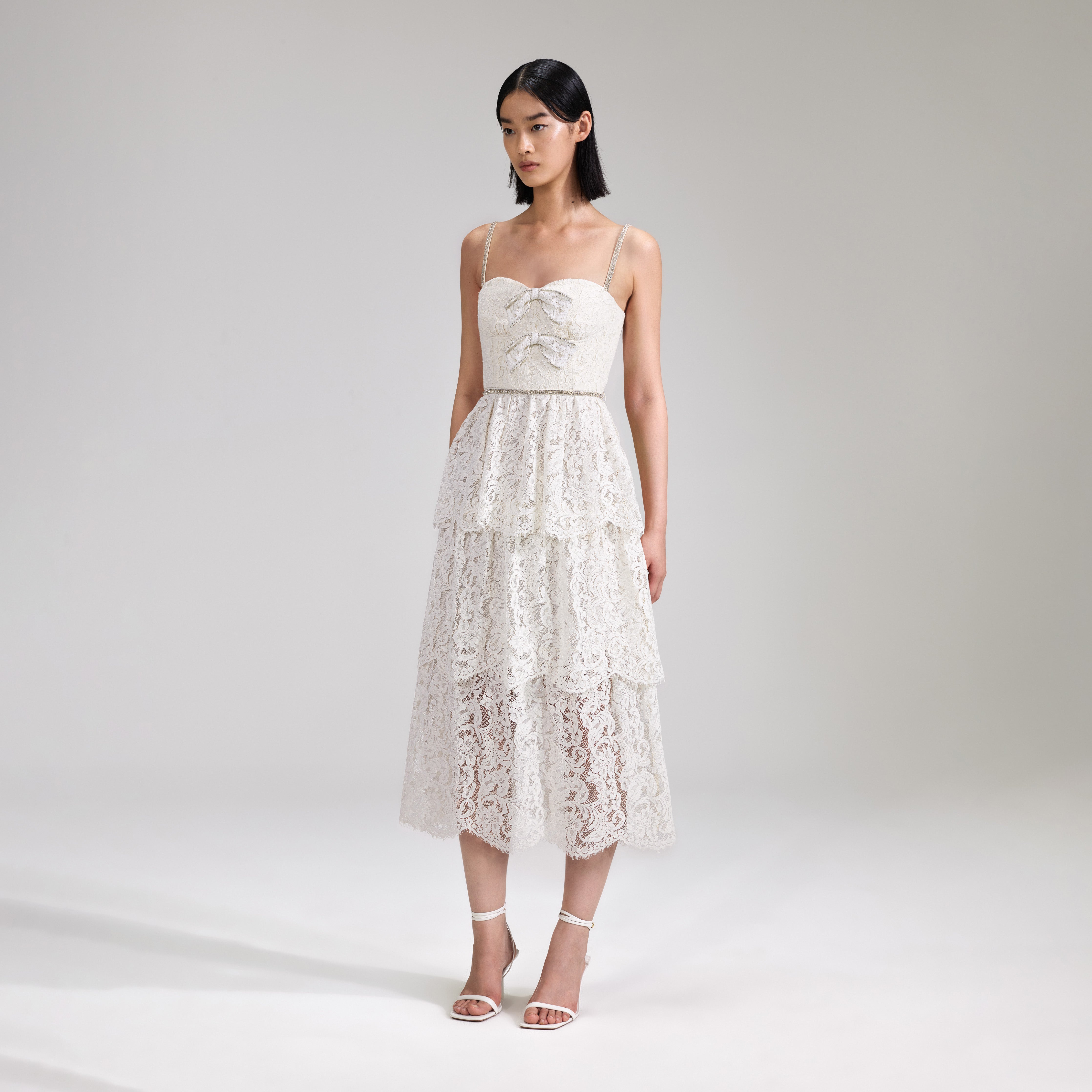 Cream Cord Lace Tiered Midi Dress – self-portrait-EU