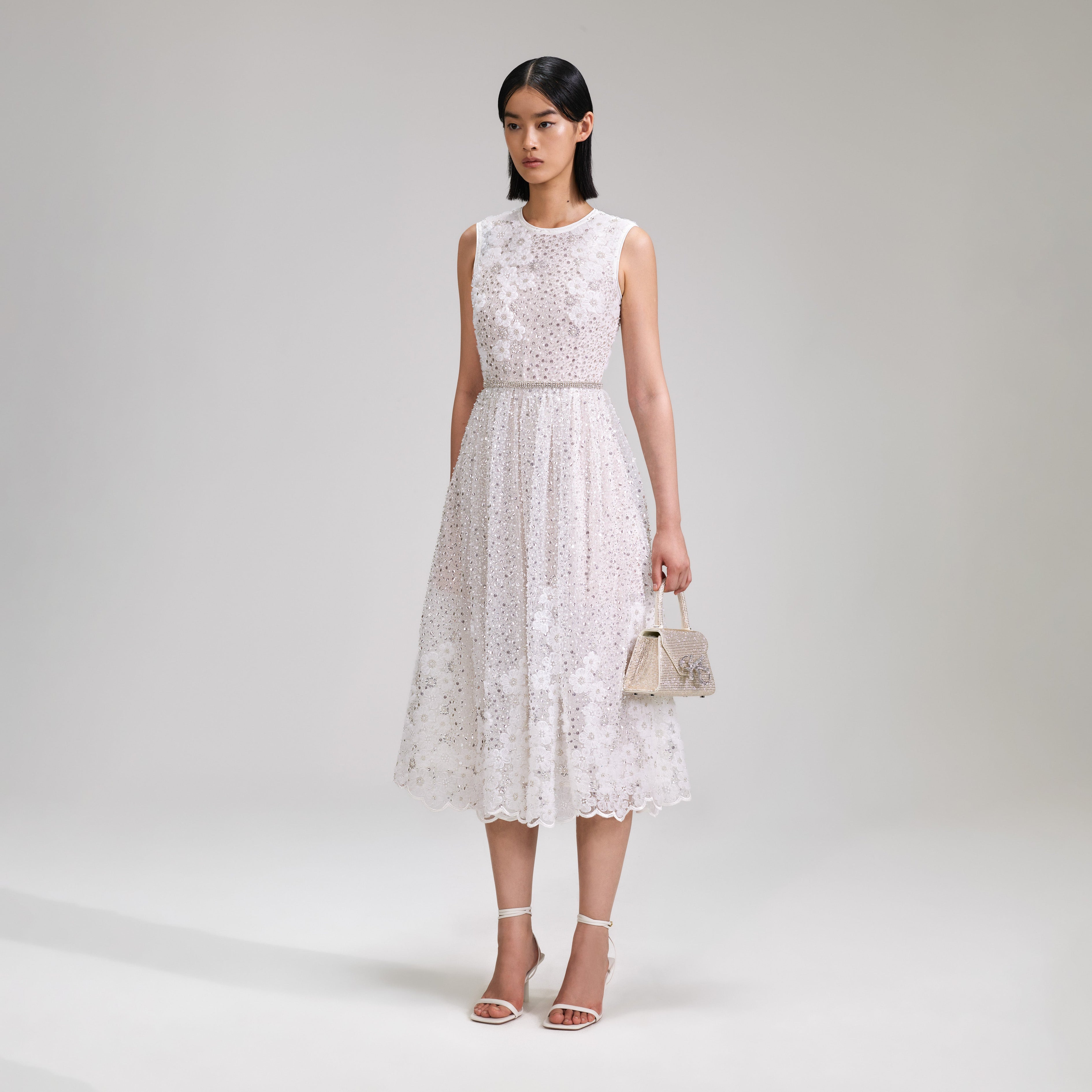 White Beaded Sequin Midi Dress