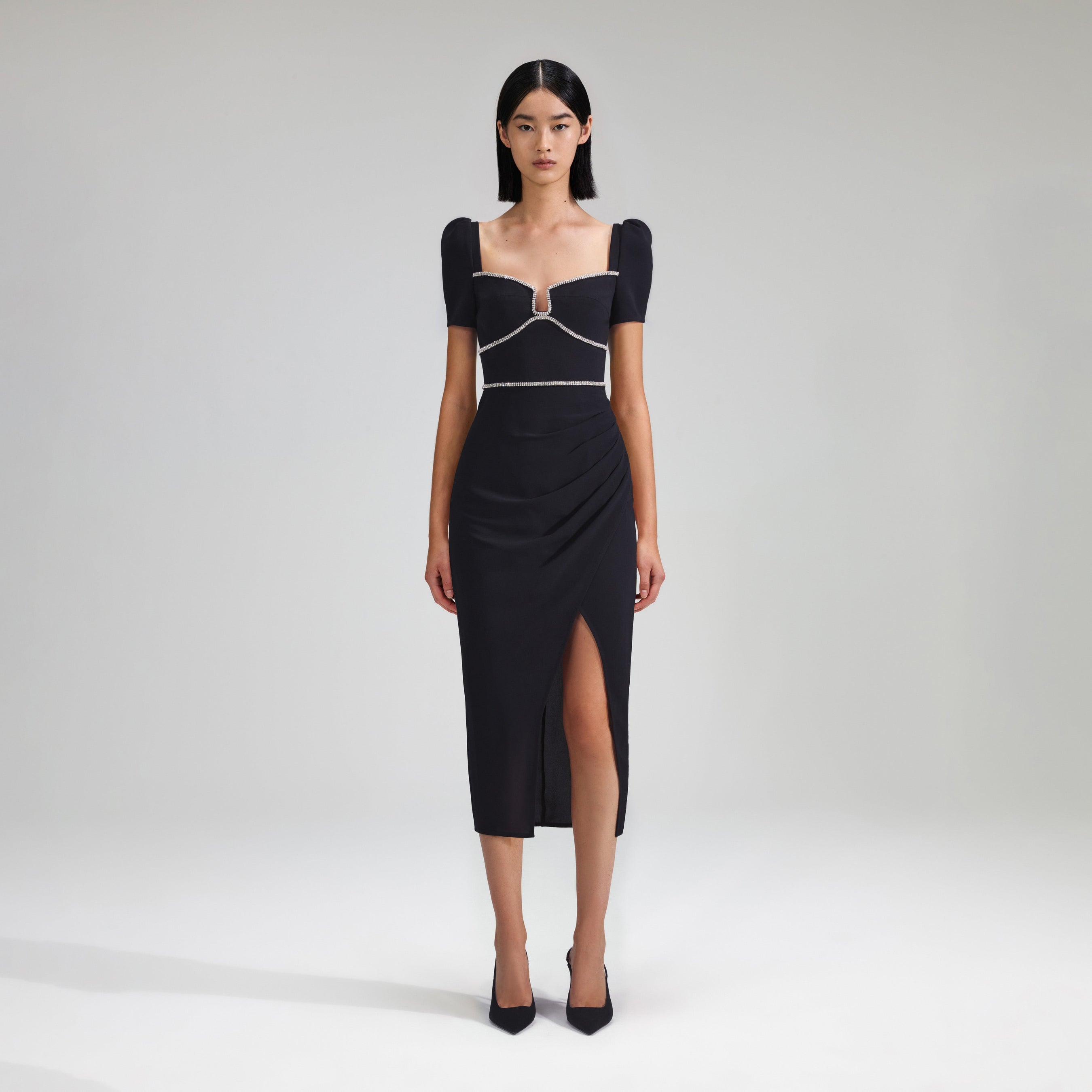 Black Crepe Diamante Trim Midi Dress