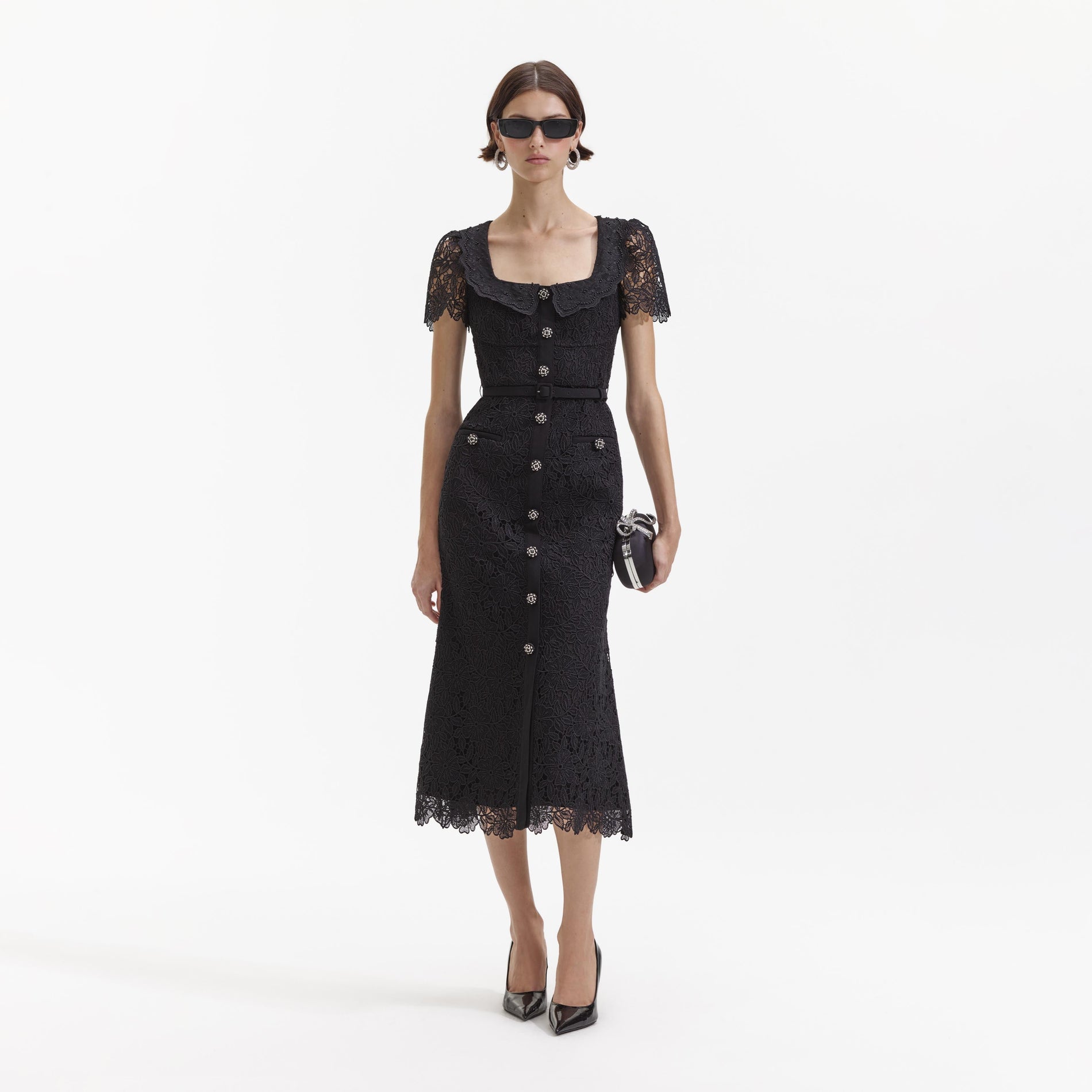 Black Guipure Lace Button Midi Dress