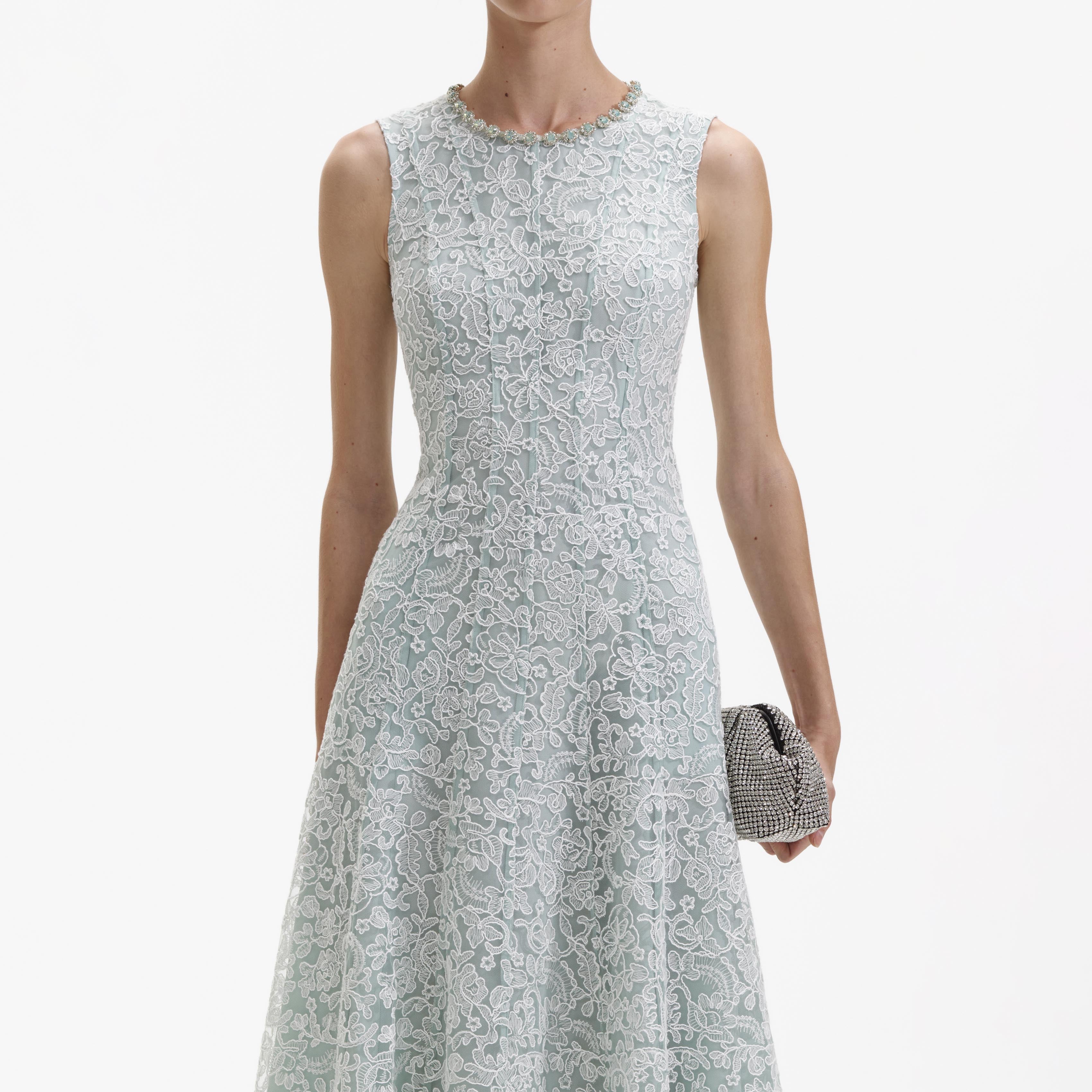 Green Cord Lace Round Neck Midi Dress