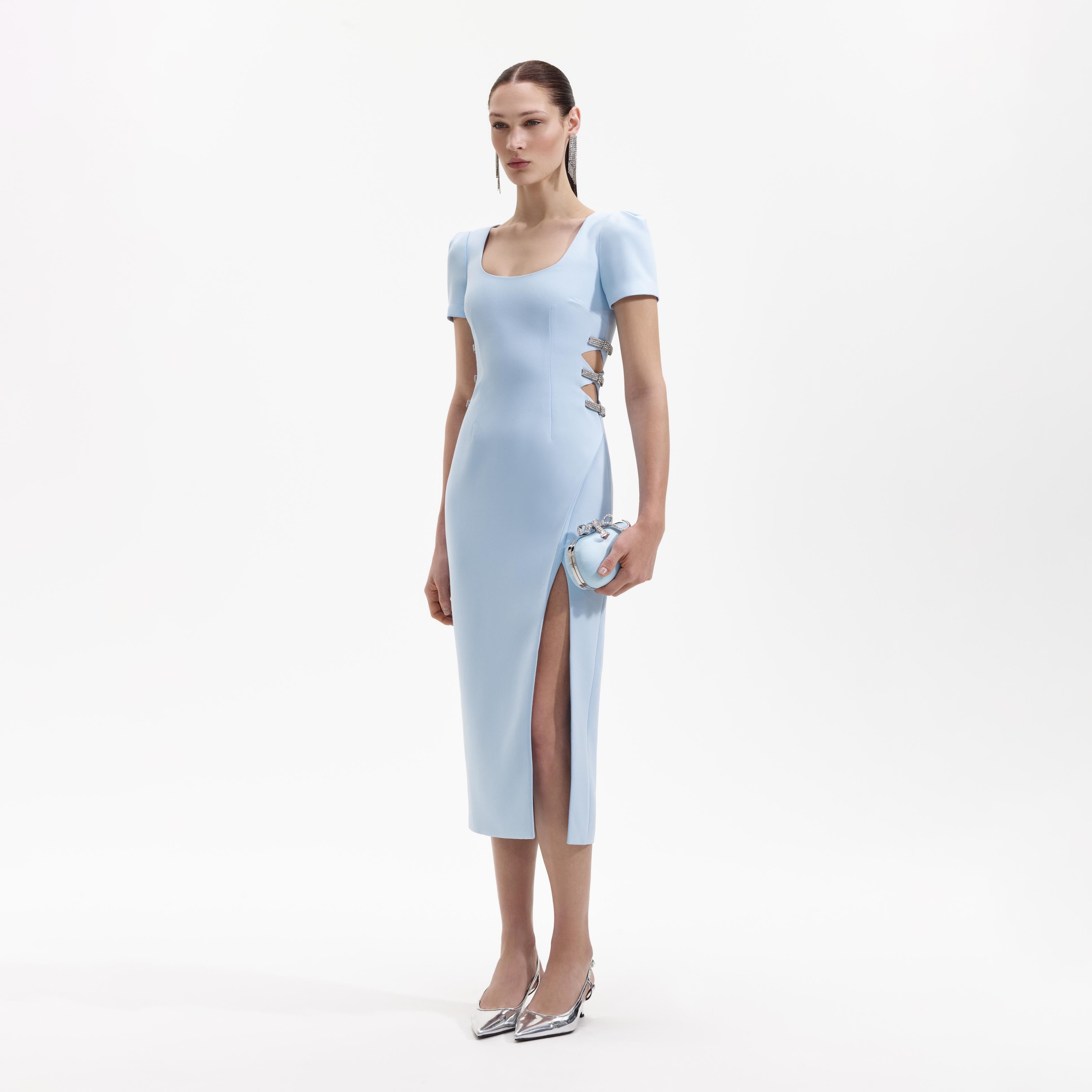 Blue Crepe Split Midi Dress