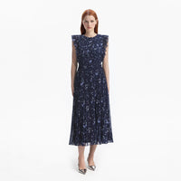 Navy Floral Chiffon Midi Dress