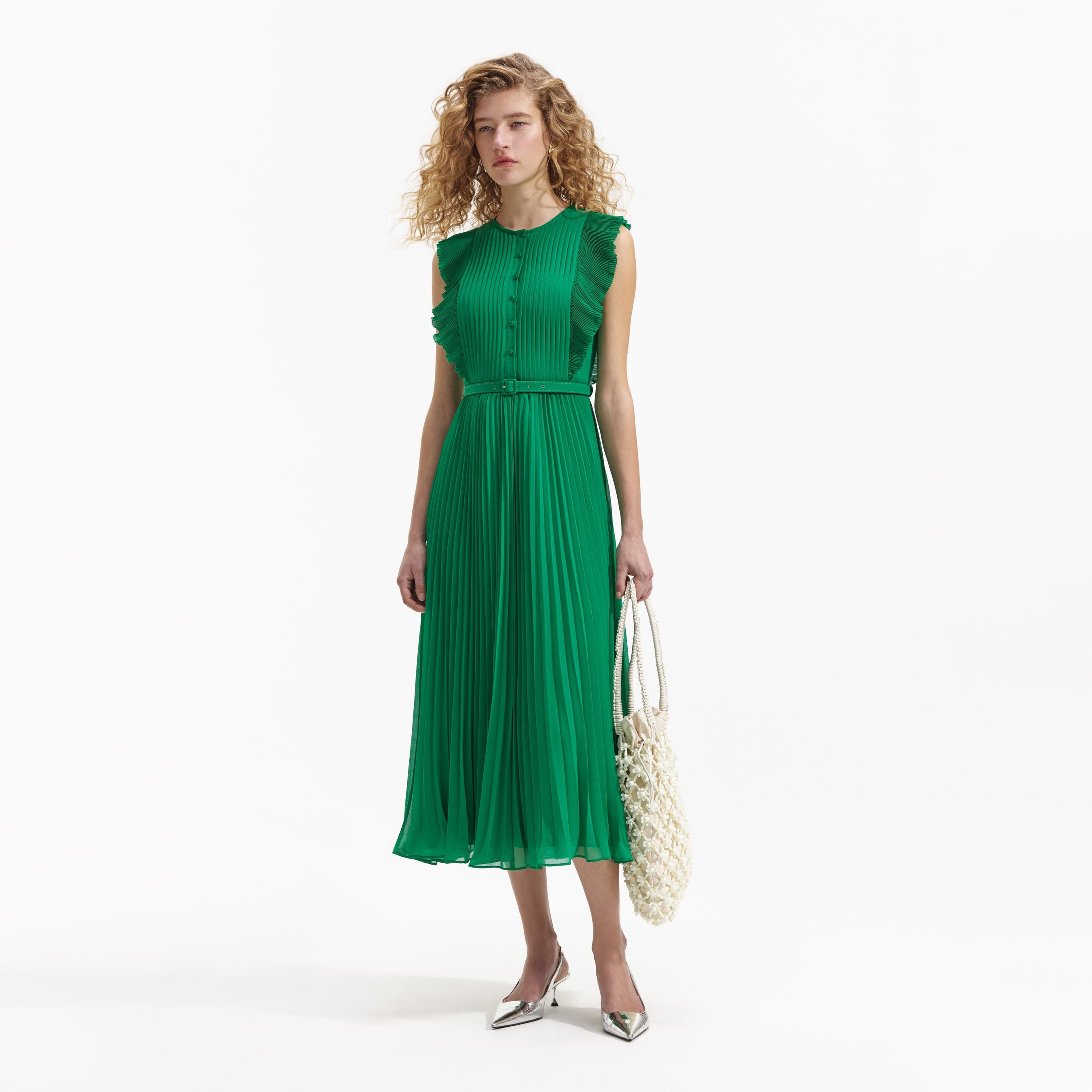 Green Chiffon Sleeveless Ruffle Midi Dress