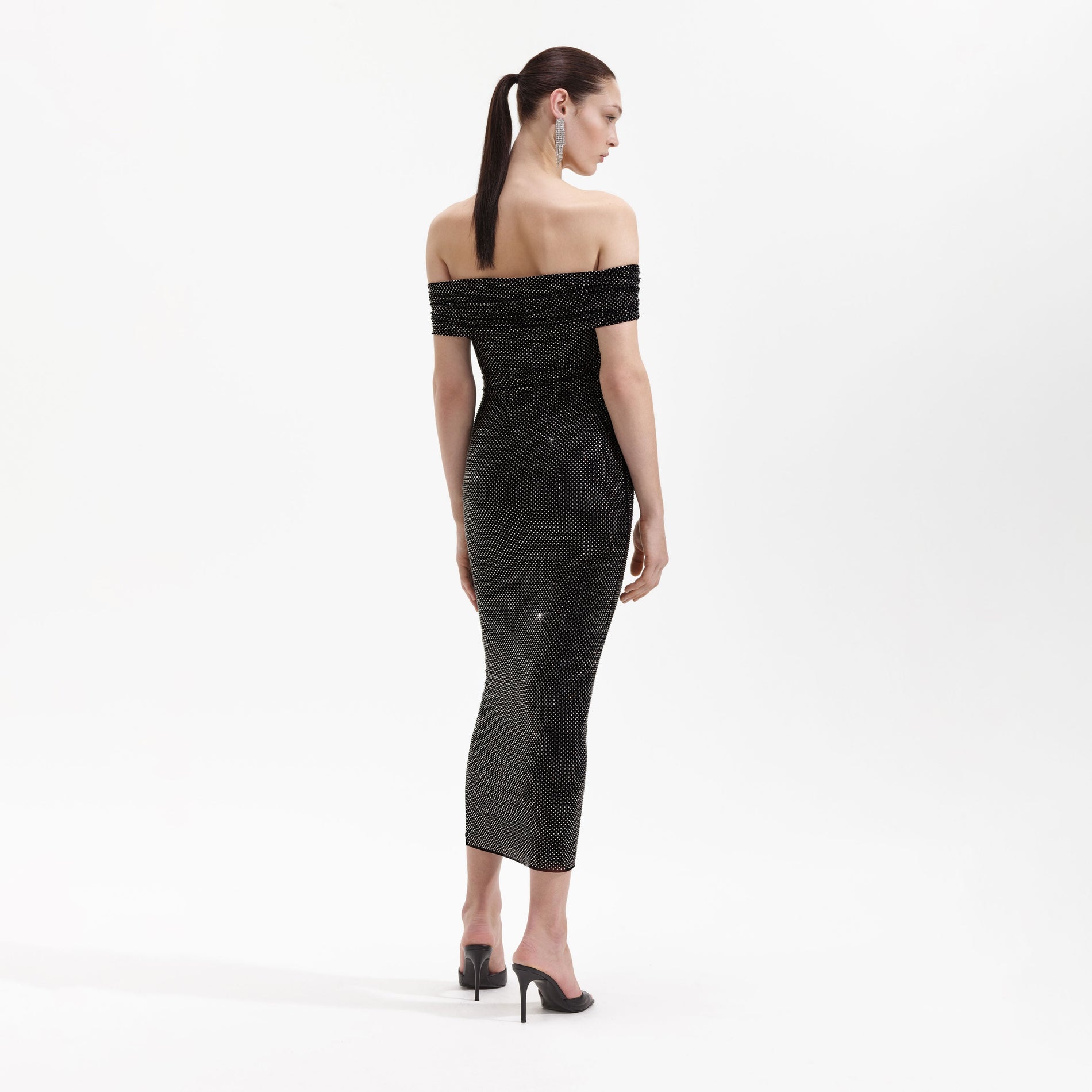 Black Rhinestone Bardot Midi Dress