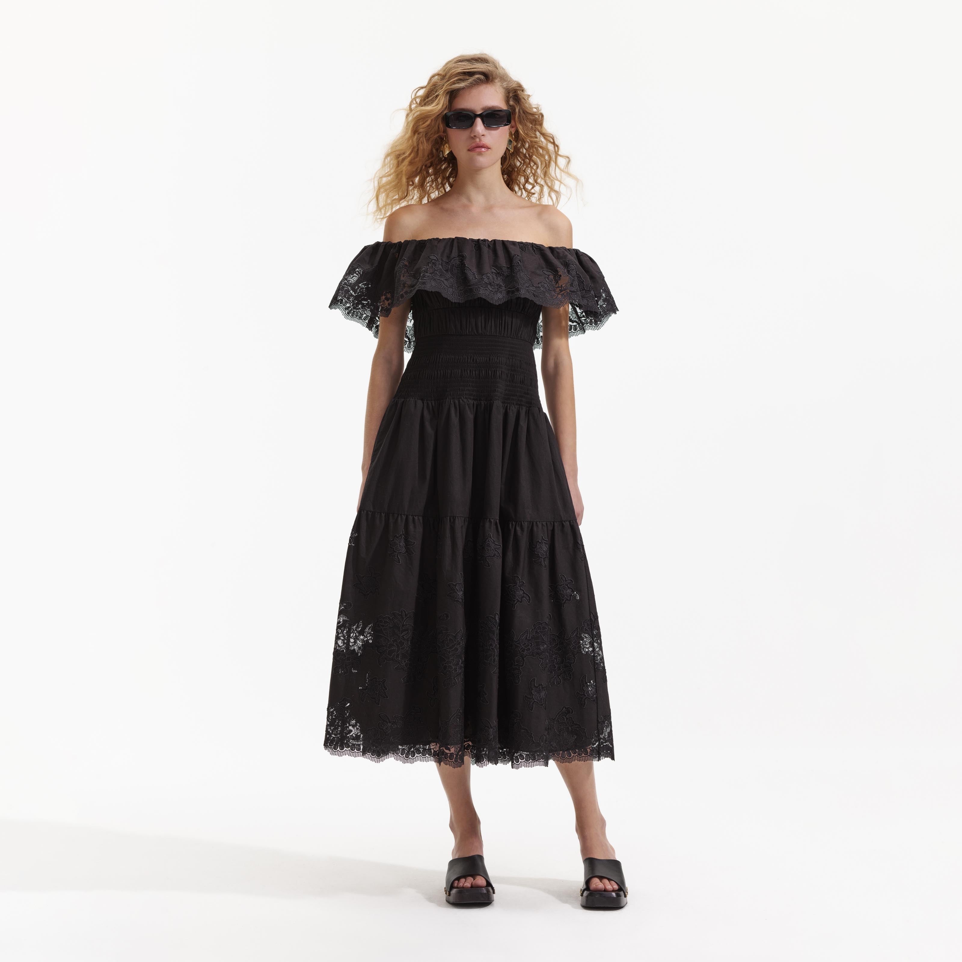 Black Cotton Off Shoulder Midi Dress
