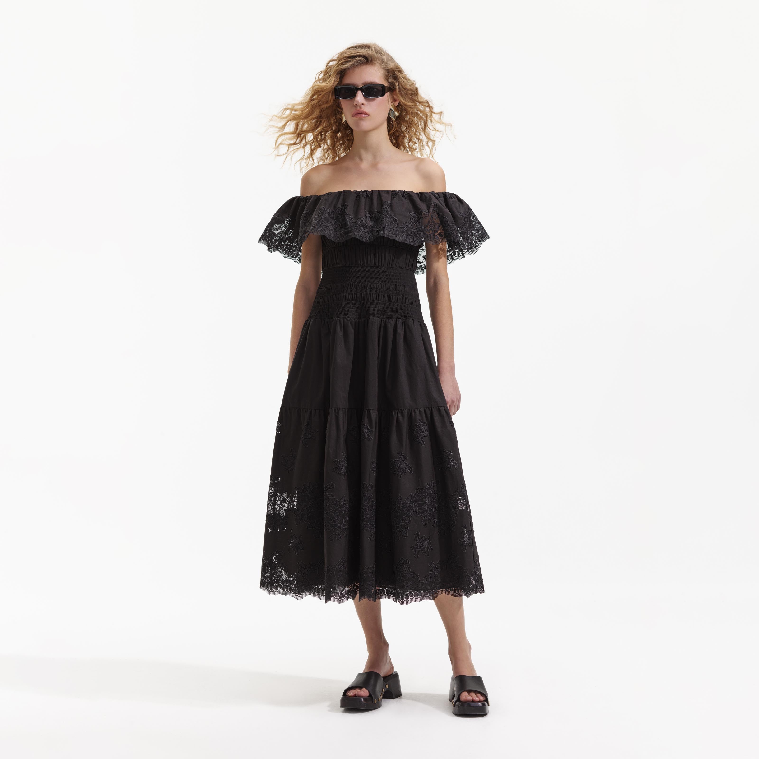 Black Cotton Off Shoulder Midi Dress