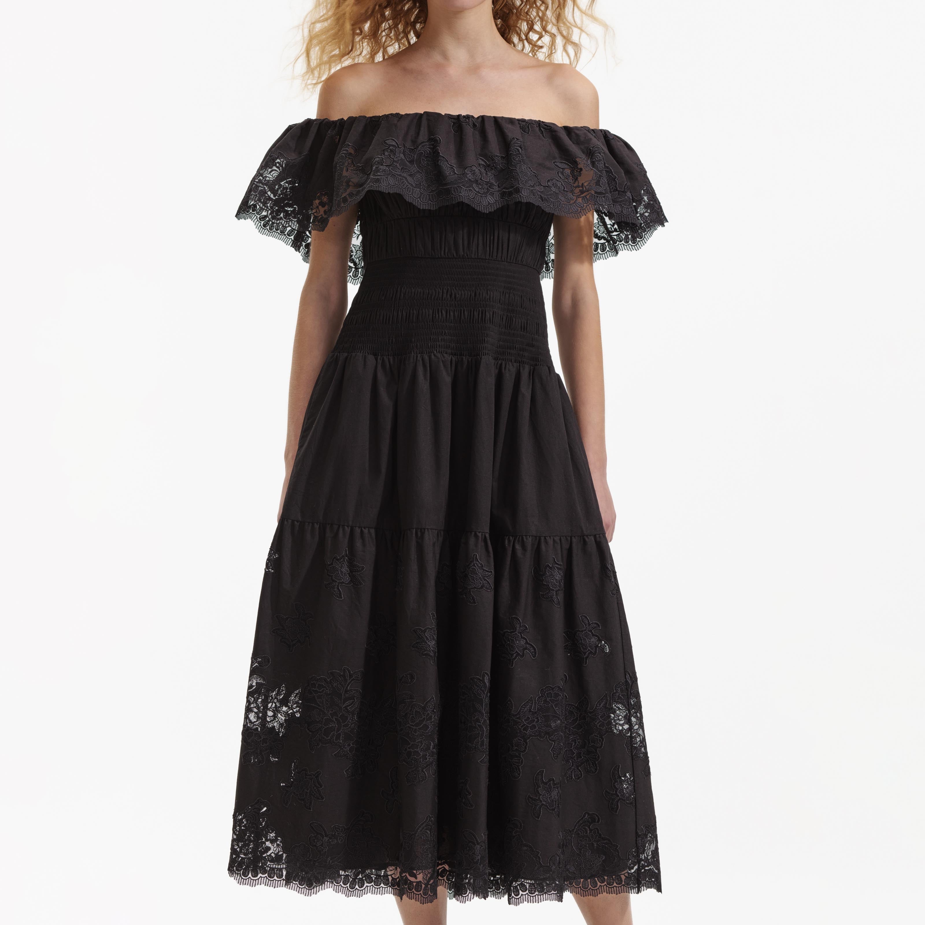 Black Cotton Off Shoulder Midi Dress