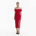 Red Crepe Off Shoulder Bow Midi Dress
