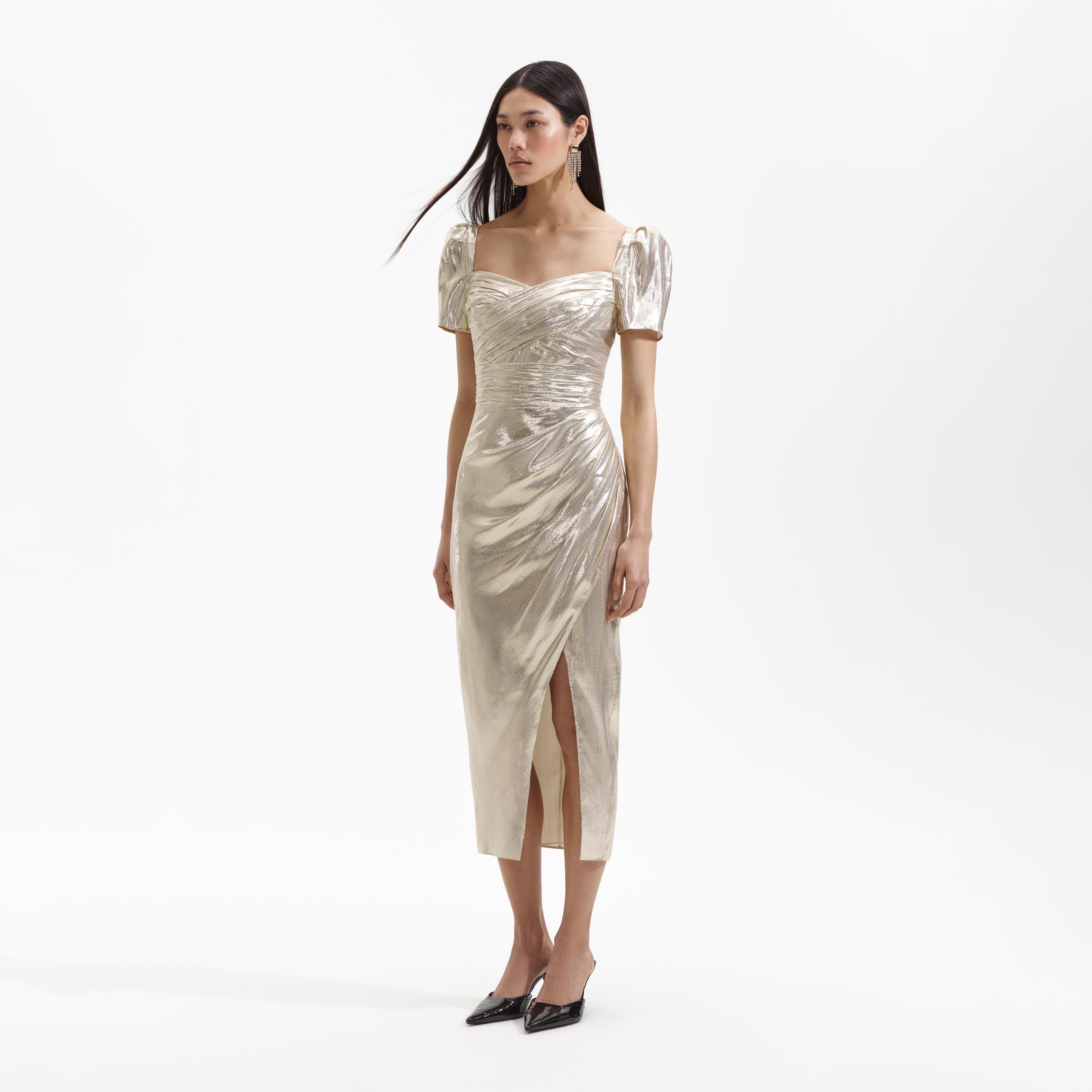 Metallic satin shop midi dress