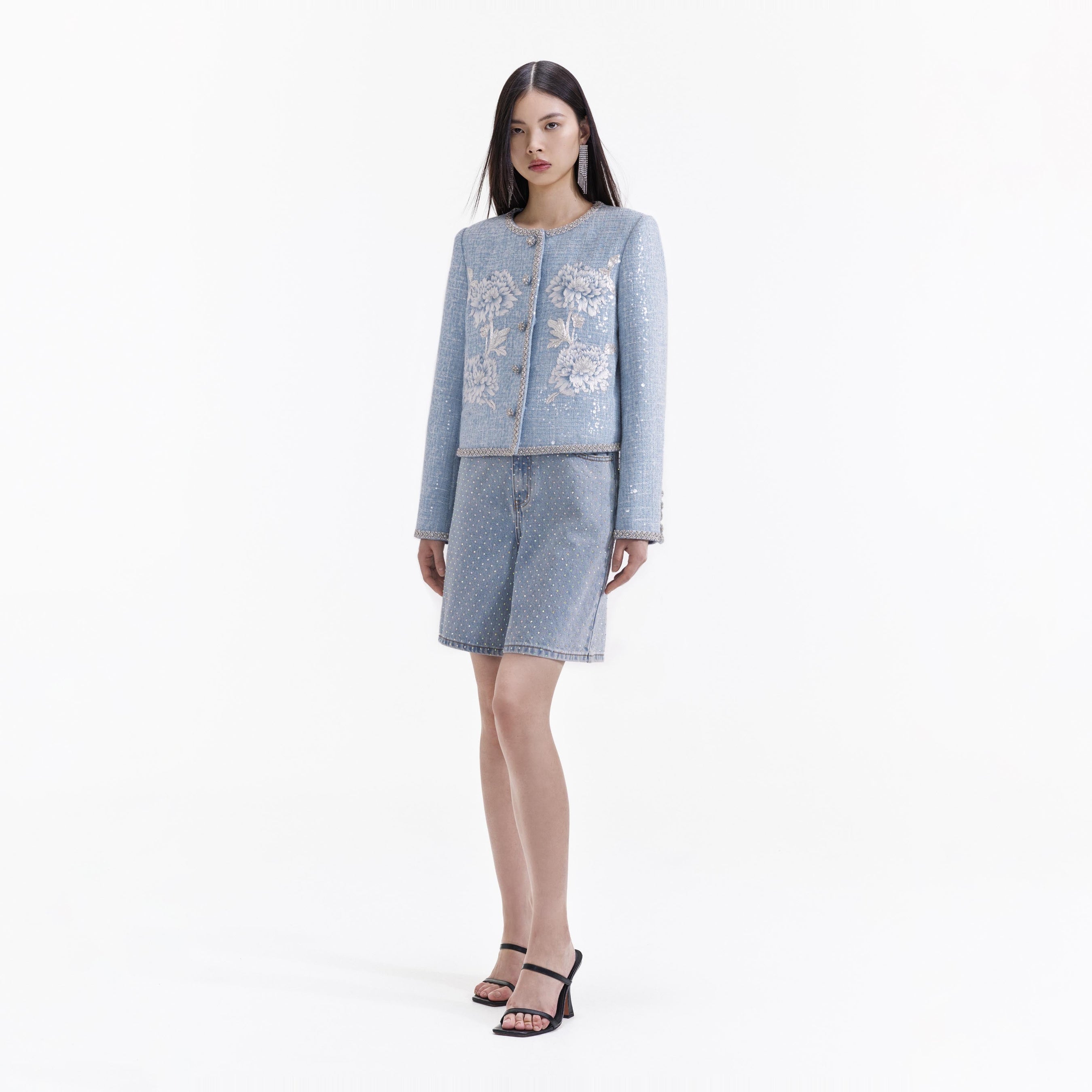 Blue Hand Embroidered Chrysanthemum Boucle Jacket