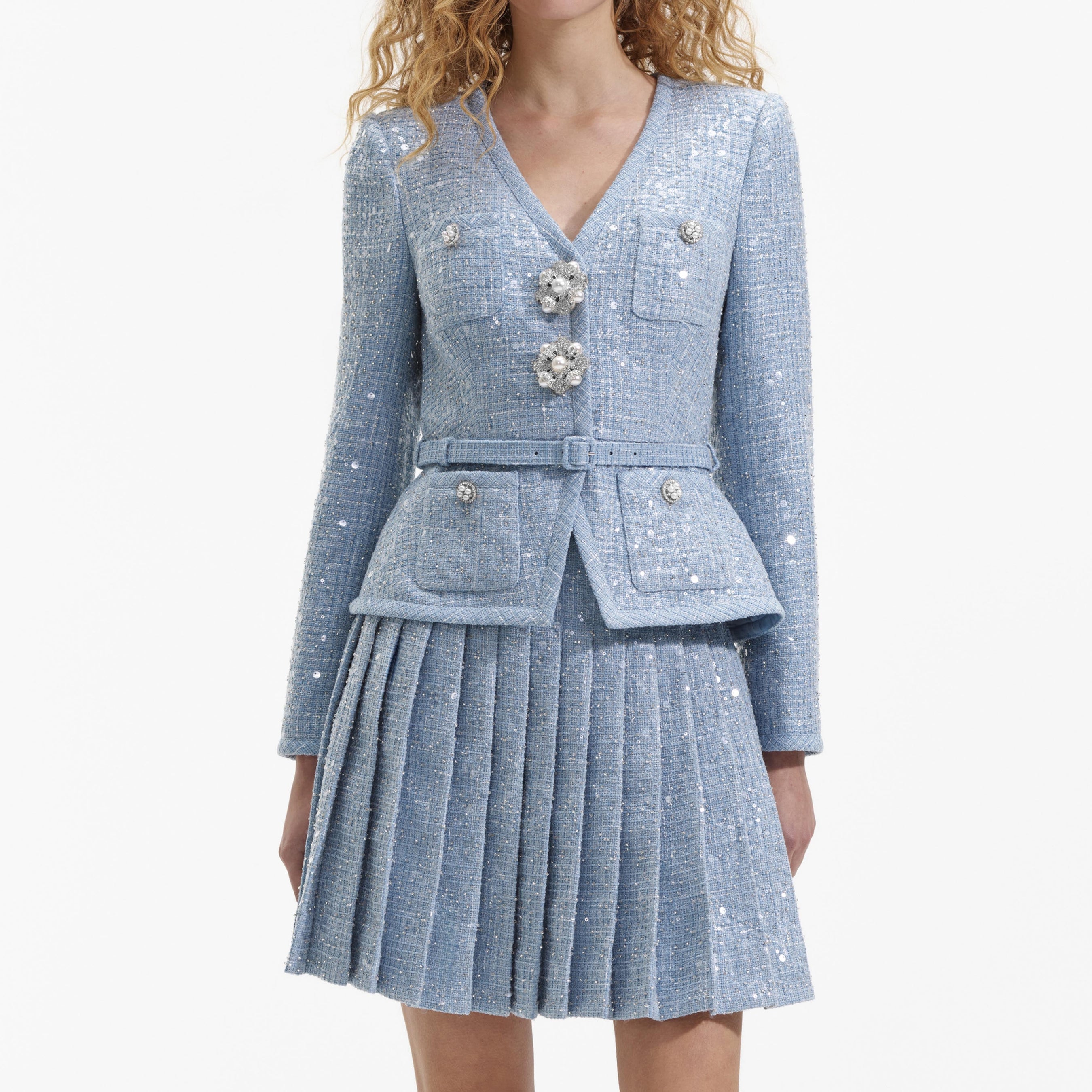 Blue Sequin Boucle Mini Jacket Dress