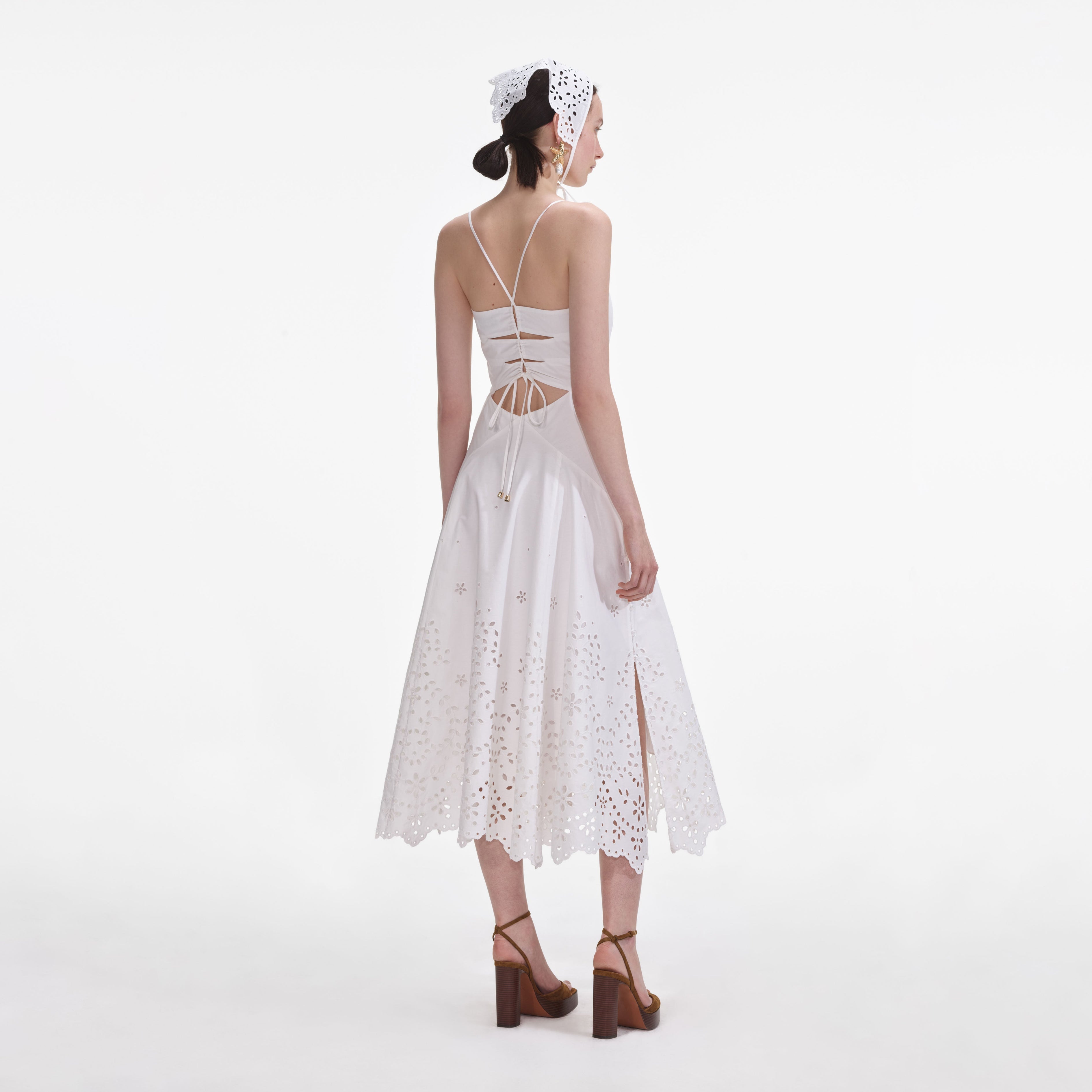 White Cotton Embroidered Strappy Midi Dress