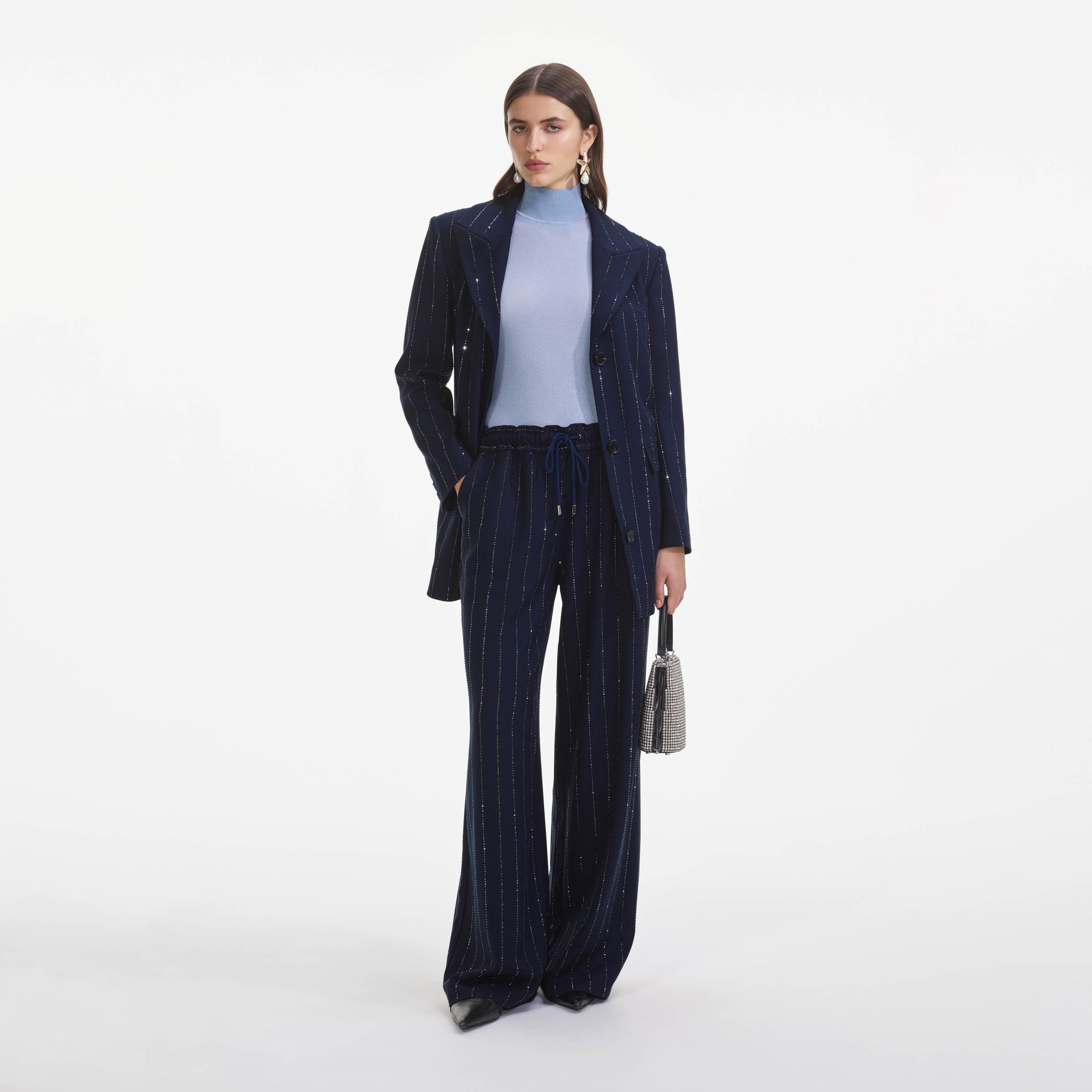 Navy Rhinestone Pinstripe Trousers