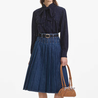 Pleated Denim Midi Skirt