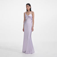 Lilac Flower Satin Maxi Dress