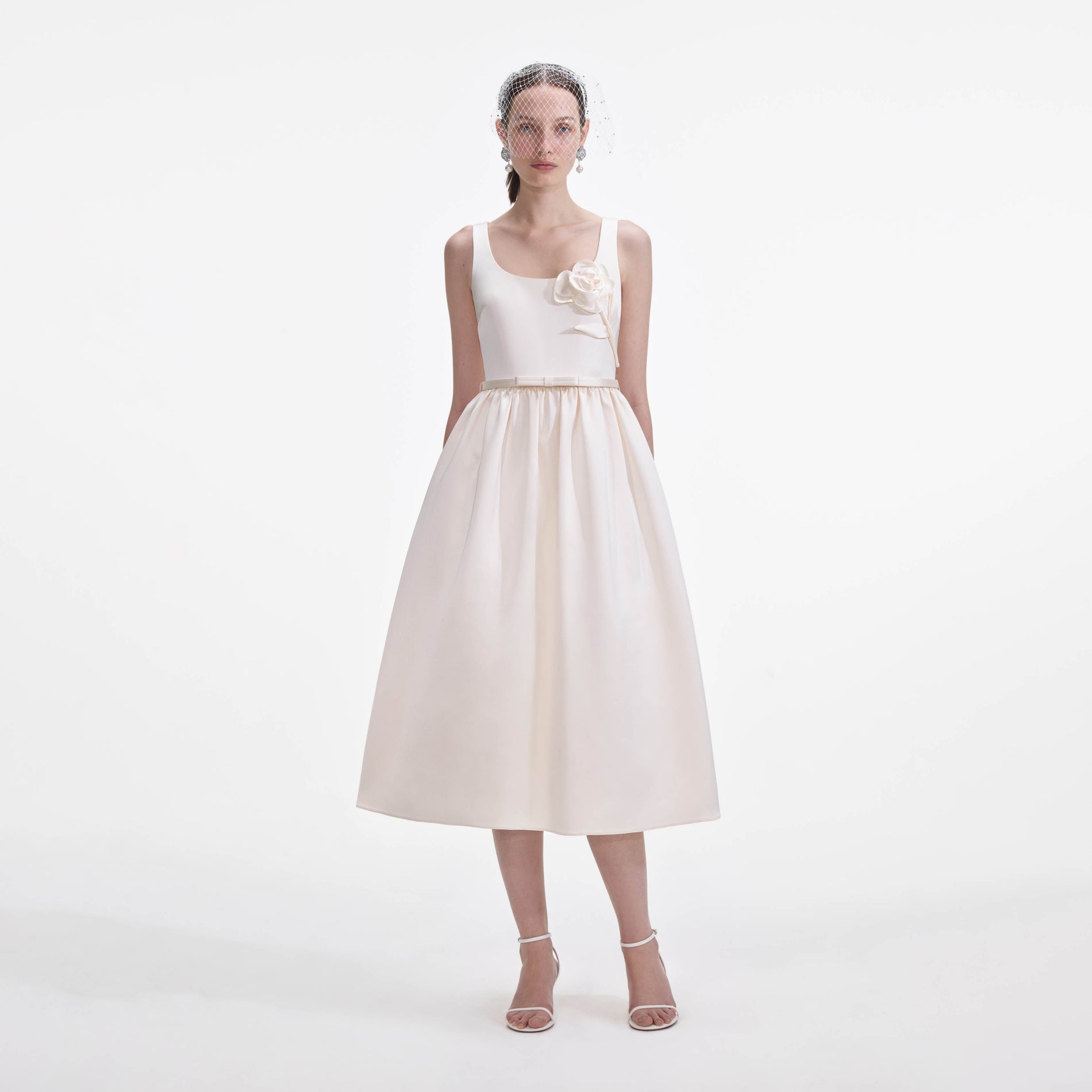 Cream Satin Flower Midi Dress