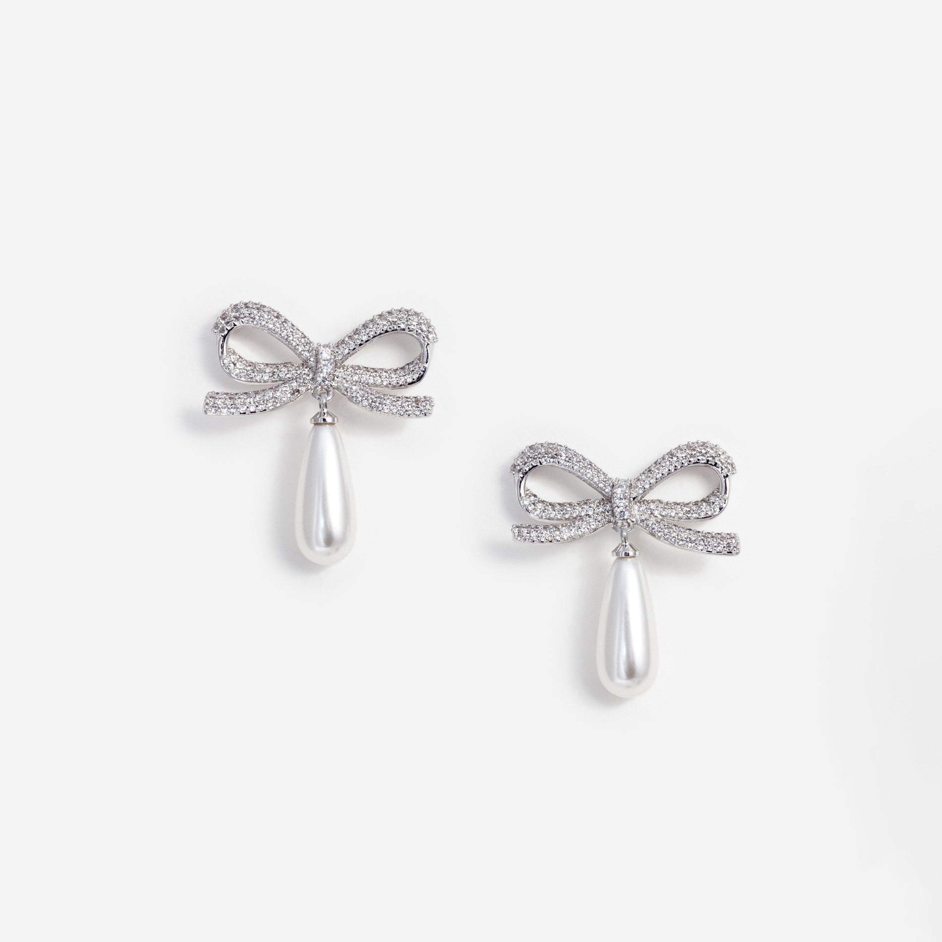 Crystal Bow Pearl Droplet Earrings