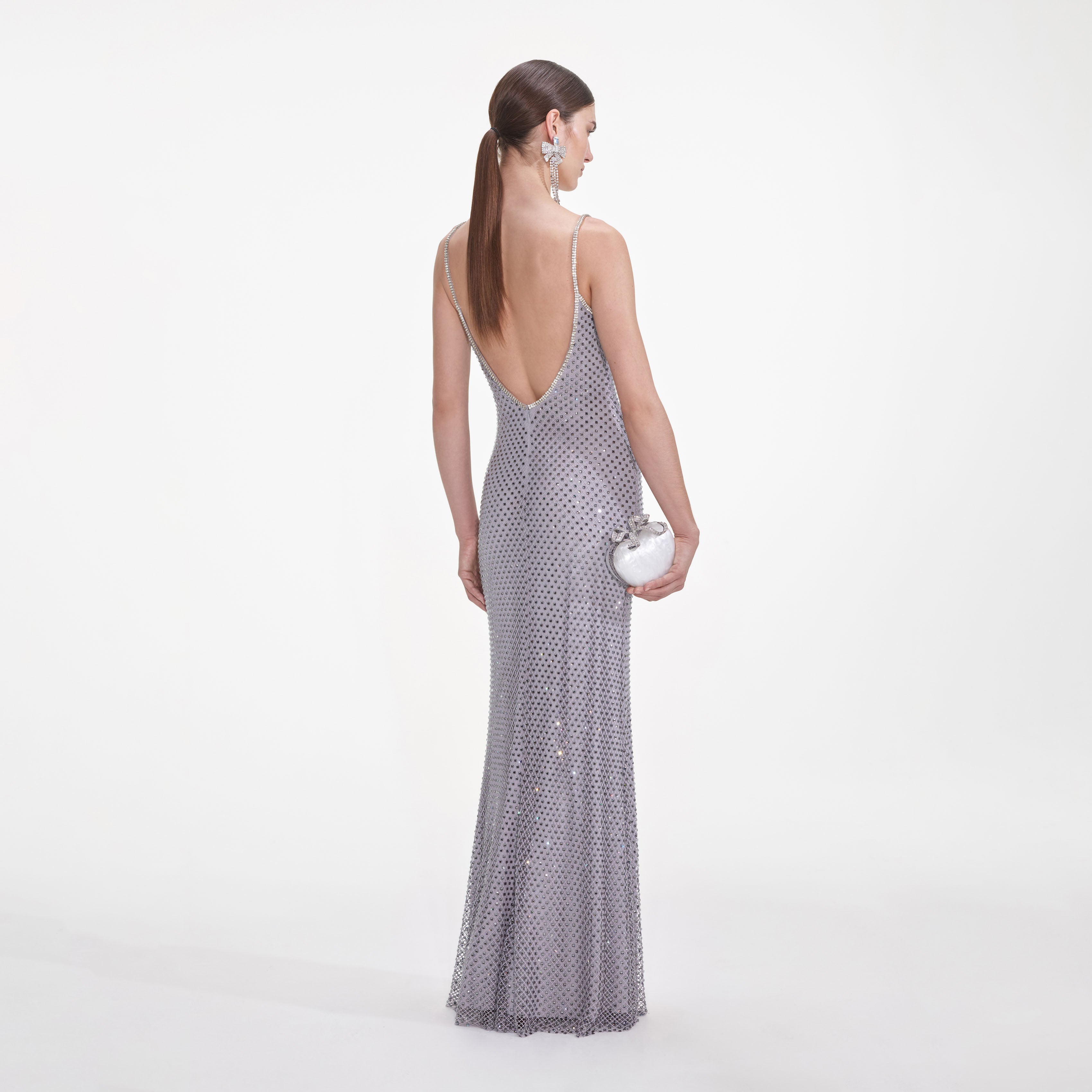 Grey Square Rhinestone Fishnet Maxi Dress